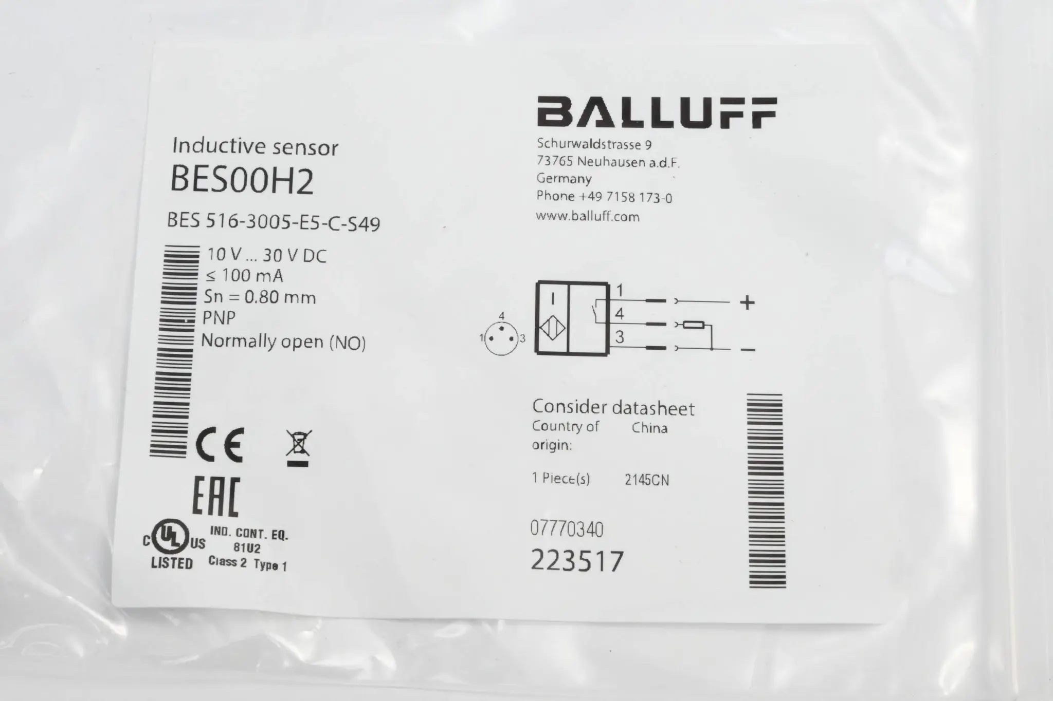 Produktfoto 1 von Balluff Induktiver Näherungsschalter BES 516-3005-E5-C-S49 ( BES00H2 )