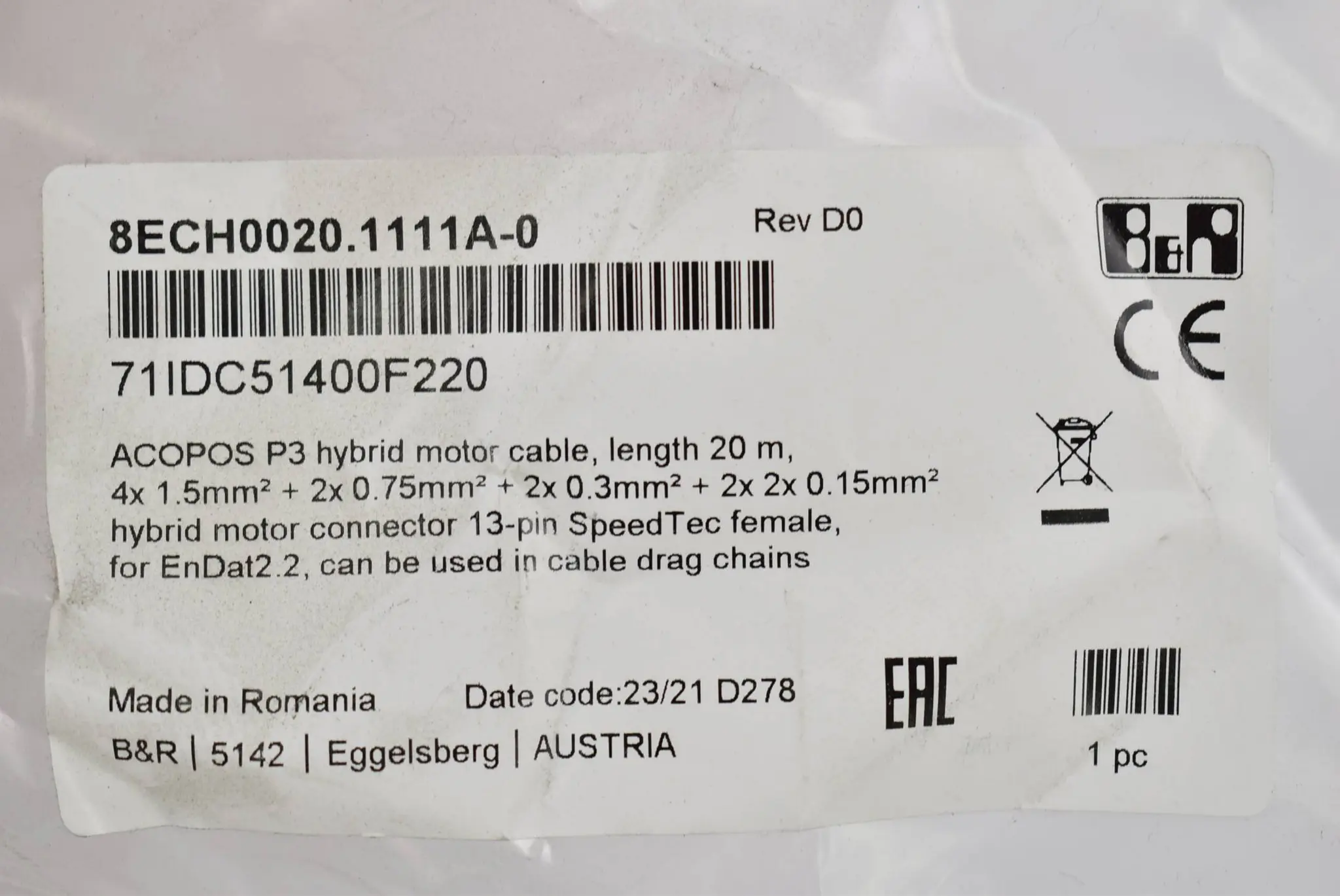 Produktfoto 1 von B&R automation Acopos P3 Motorhybridkabel 20m 8ECH0020.1111A-0 Rev. D0