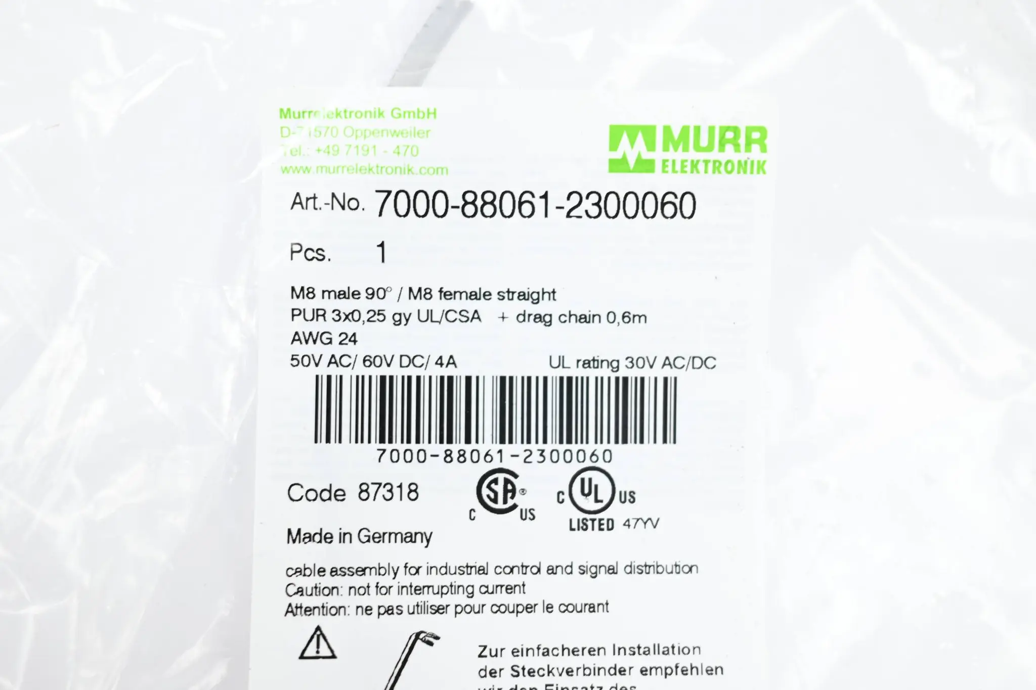 Produktfoto 1 von Murr M8 St. 90° PUR 3x0.25 gr UL/CSA+schleppk. 0,6m 7000-88061-2300060