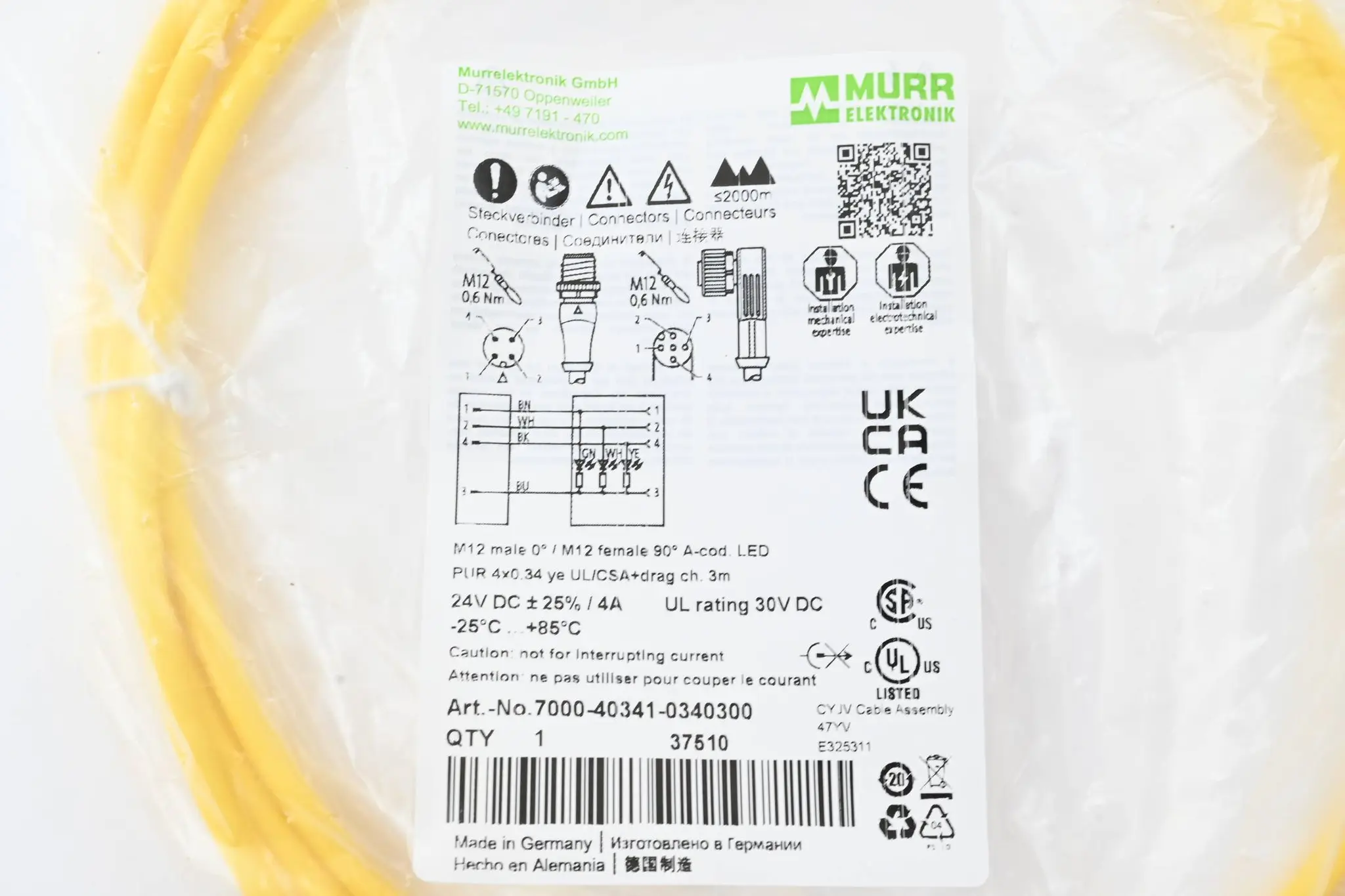 Produktfoto 1 von Murr Kabel M12 St. 0° / M12 Bu. 90° A-kod. PUR 4x0,34 ( 7000-40341-0340300 ) 3m