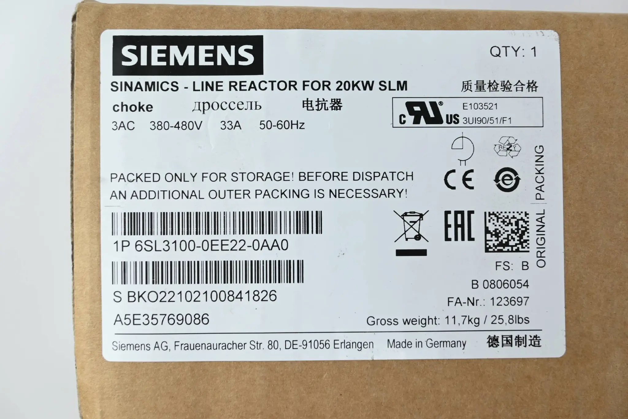 Produktfoto 1 von Siemens Sinamics Netzdrossel 6SL3100-0EE22-0AA0 ( 6SL3 100-0EE22-0AA0 ) E. B