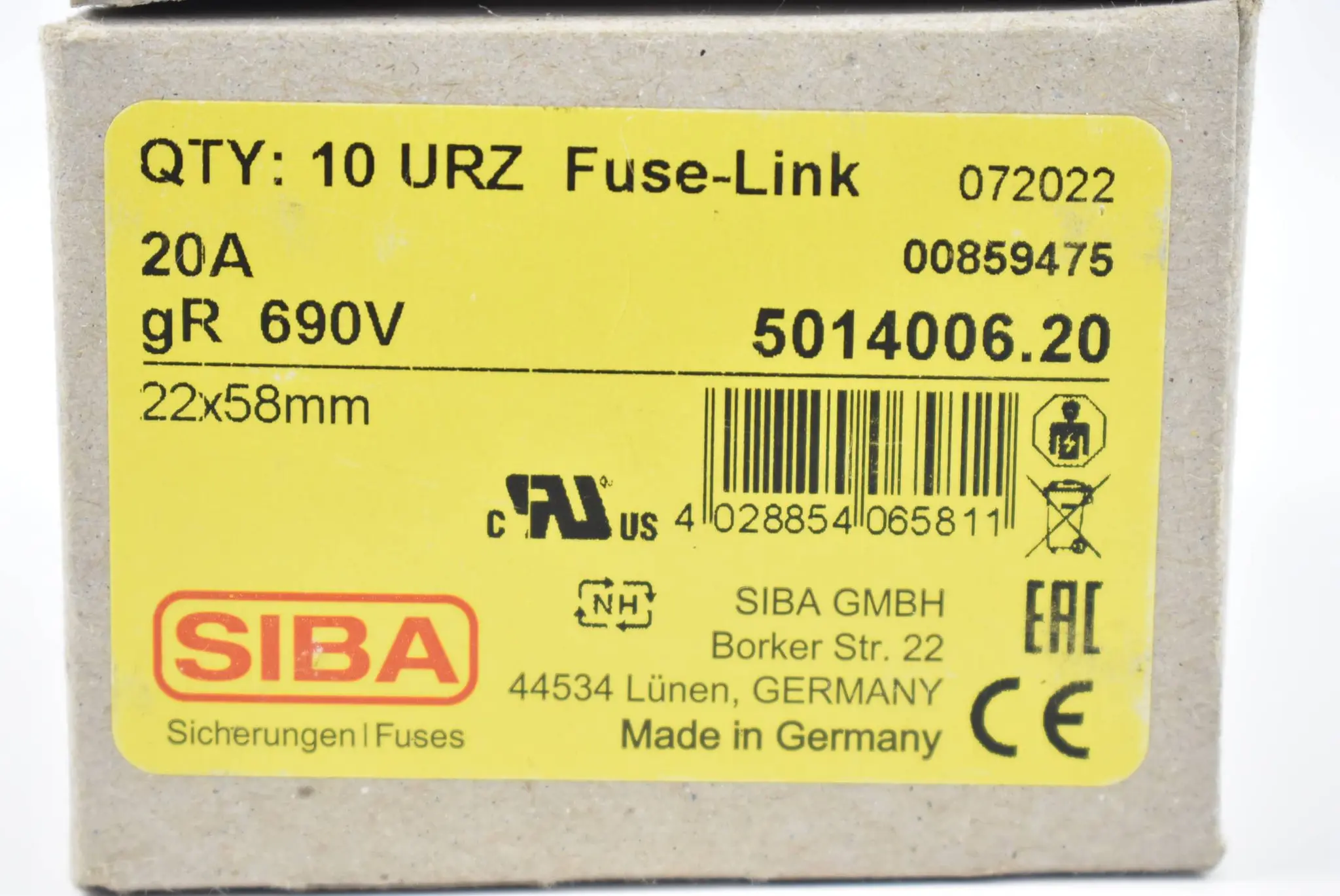 Produktfoto 1 von SIBA 10 URZ Fuse-Link 5014006.20 ( 20A 690V ) VE 10 Stück