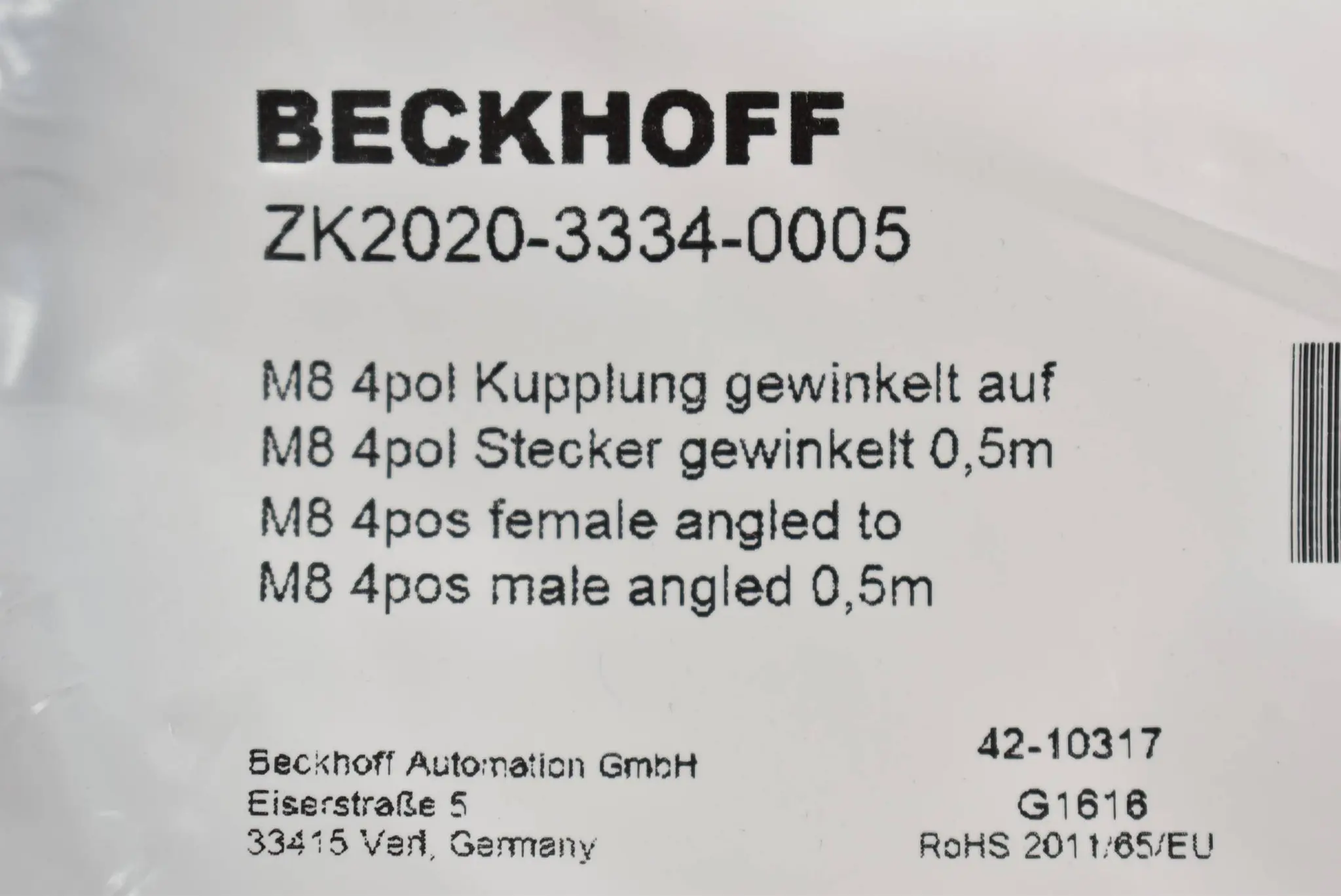 Produktfoto 1 von Beckhoff Powerleitung M8 4pol Kupplung 0,5 m ZK2020-3334-0005