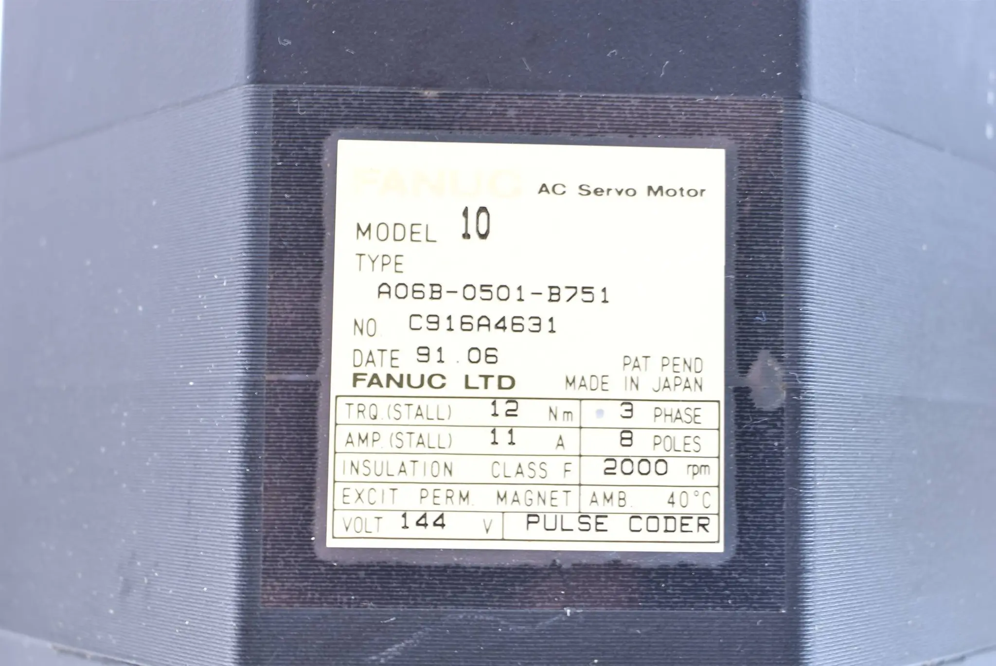 Produktfoto 1 von Fanuc Model 10 AC Servo Motor 12Nm 11A 2000rpm 144V ( A06B-0501-B751 )