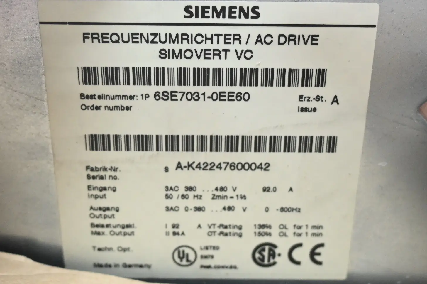 Produktfoto 1 von GENERALÜBERHOLT Siemens Simovert Masterdrives VC 6SE7031-0EE60 6SE7 031-0EE60