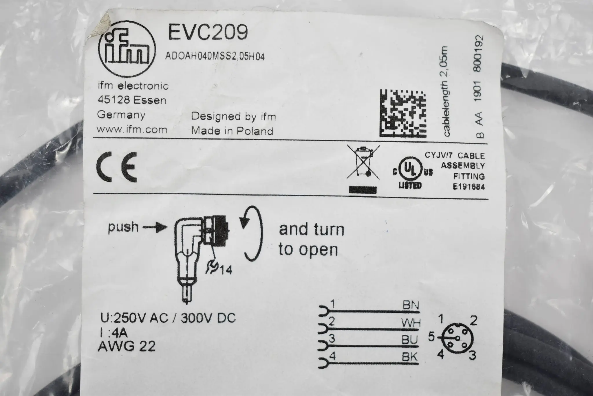 Produktfoto 1 von Ifm Electronic Anschlusskabel mit Buchse EVC209 ( ADOAH040MSS2,05H04 ) 2,05m