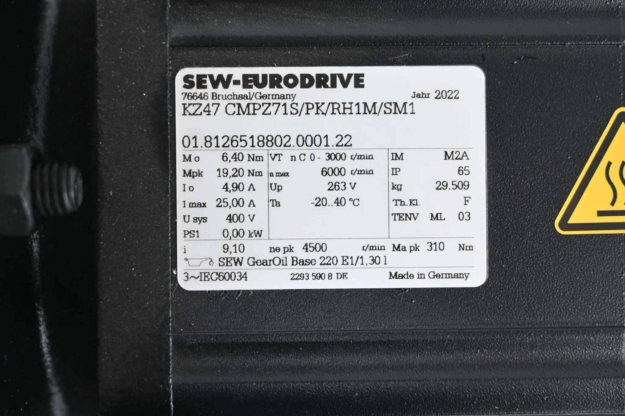 Produktfoto 1 von SEW-Eurodrive Getriebemotor KZ47 CMPZ71S/PK/RH1M/SM1
