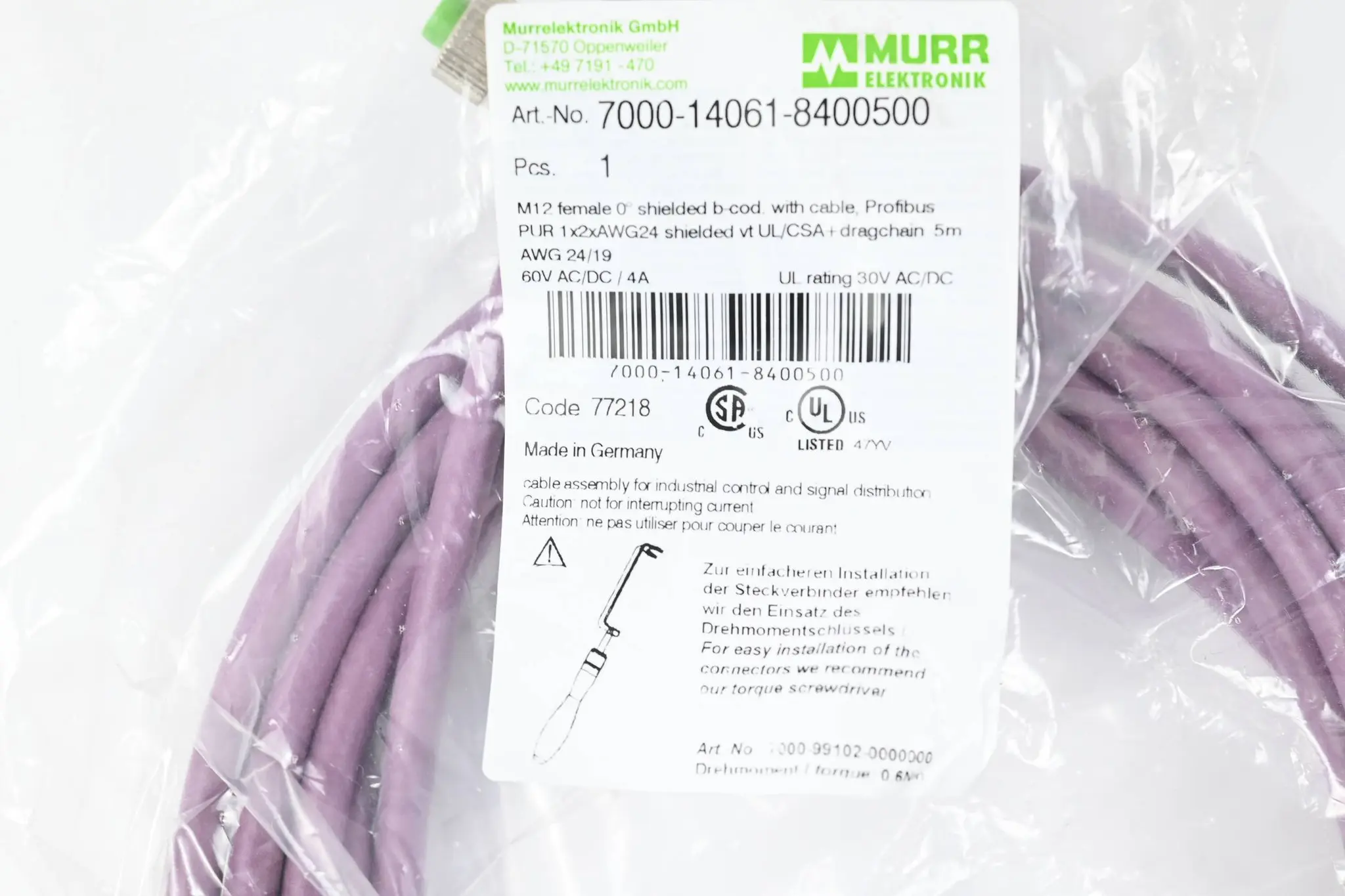 Produktfoto 1 von Murr PUR 1x2xAWG24 geschirmt vt UL/CSA+schleppk. 5m ( 7000-14061-8400500 )