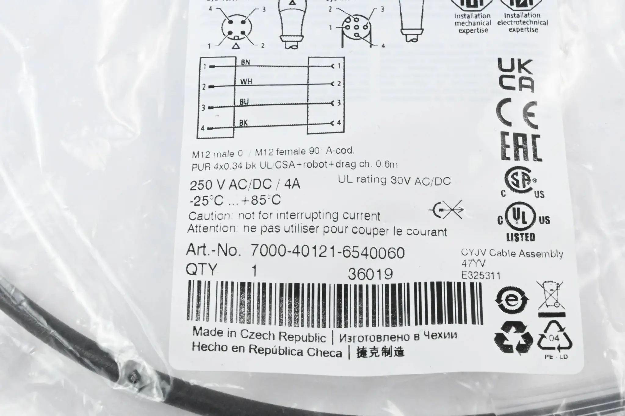 Produktfoto 1 von Murr Elektronik M12 St. 0° / M12 Bu. 90° A-kod. 4x0.34 0,6m 7000-40121-6540060