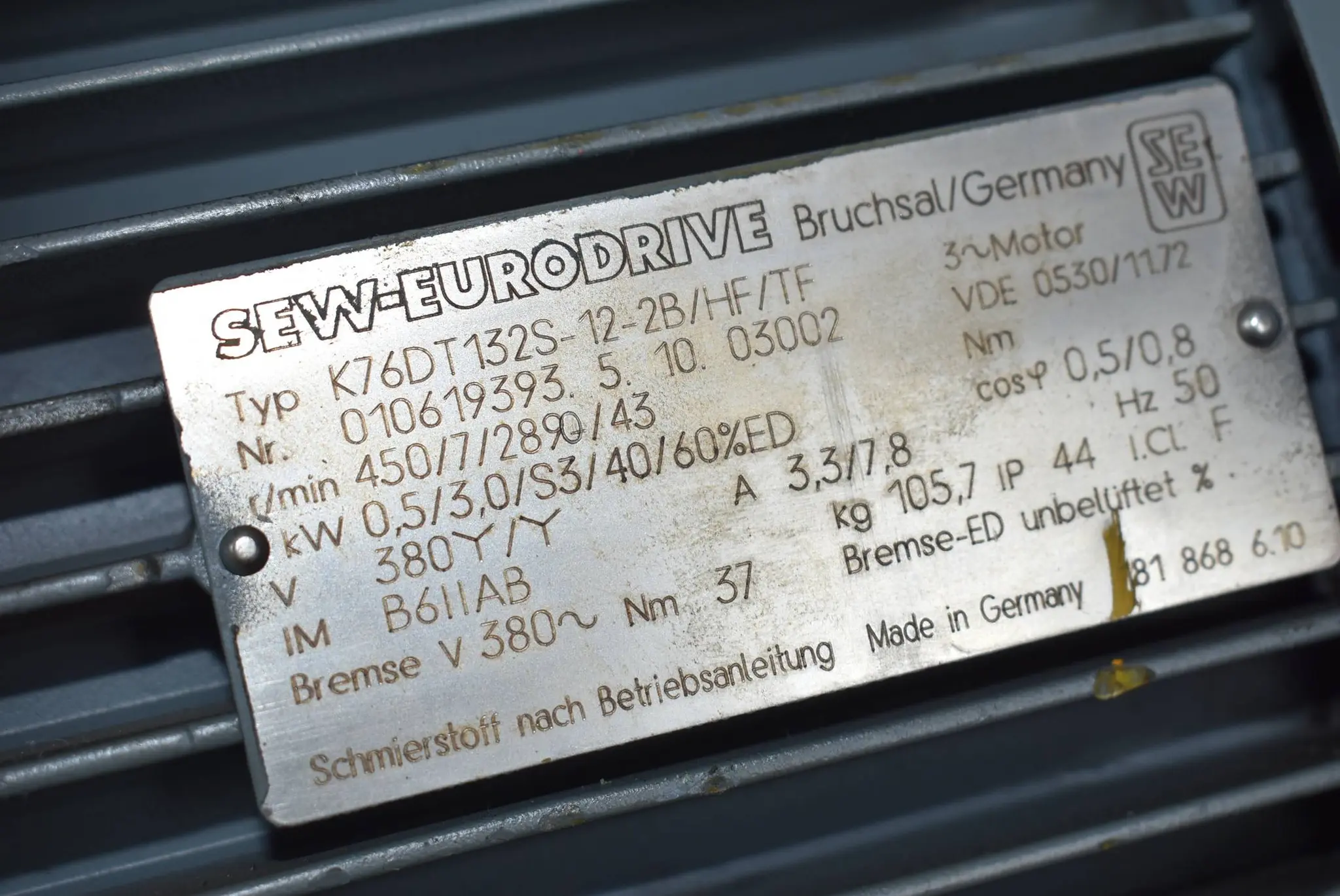 Produktfoto 1 von SEW Eurodrive 3 ~ Phasen Motor K76DT132S-12-2B/HF/TF
