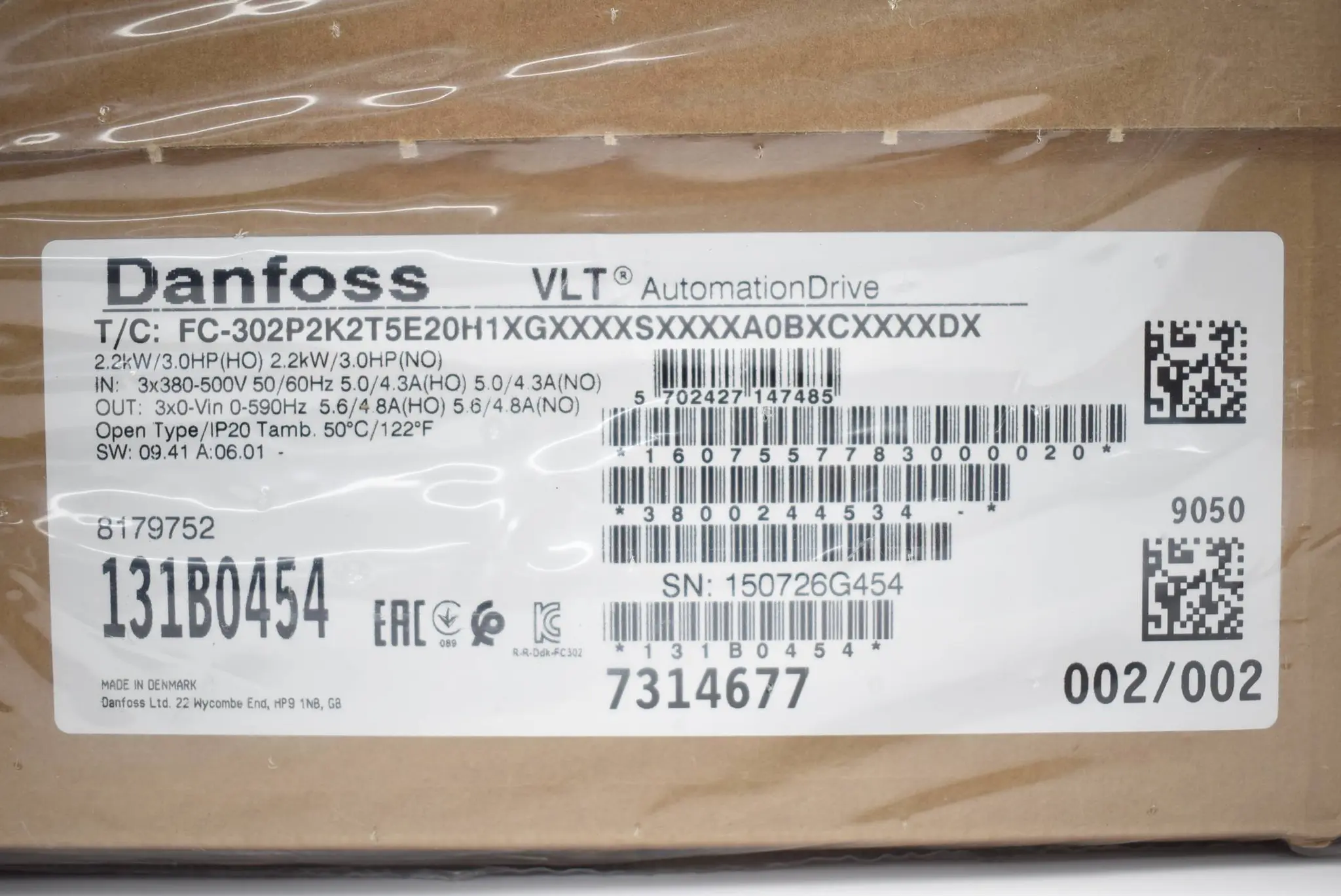 Produktfoto 1 von Danfoss VLT FC-302P2K2T5E20H1XGXXXXSXXXXA0BXCXXXXDX ( 131B0454 ) 2,2kW