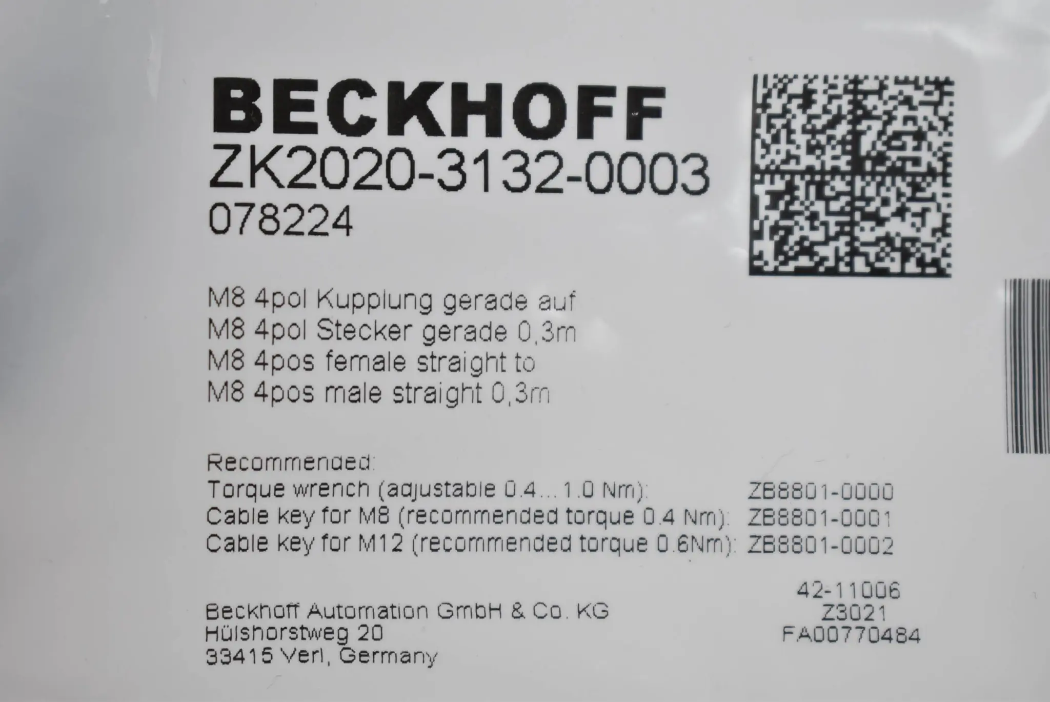 Produktfoto 1 von Beckhoff Powerleitung M8 4pol Kupplung gerade auf 0,3 m ZK2020-3132-0003
