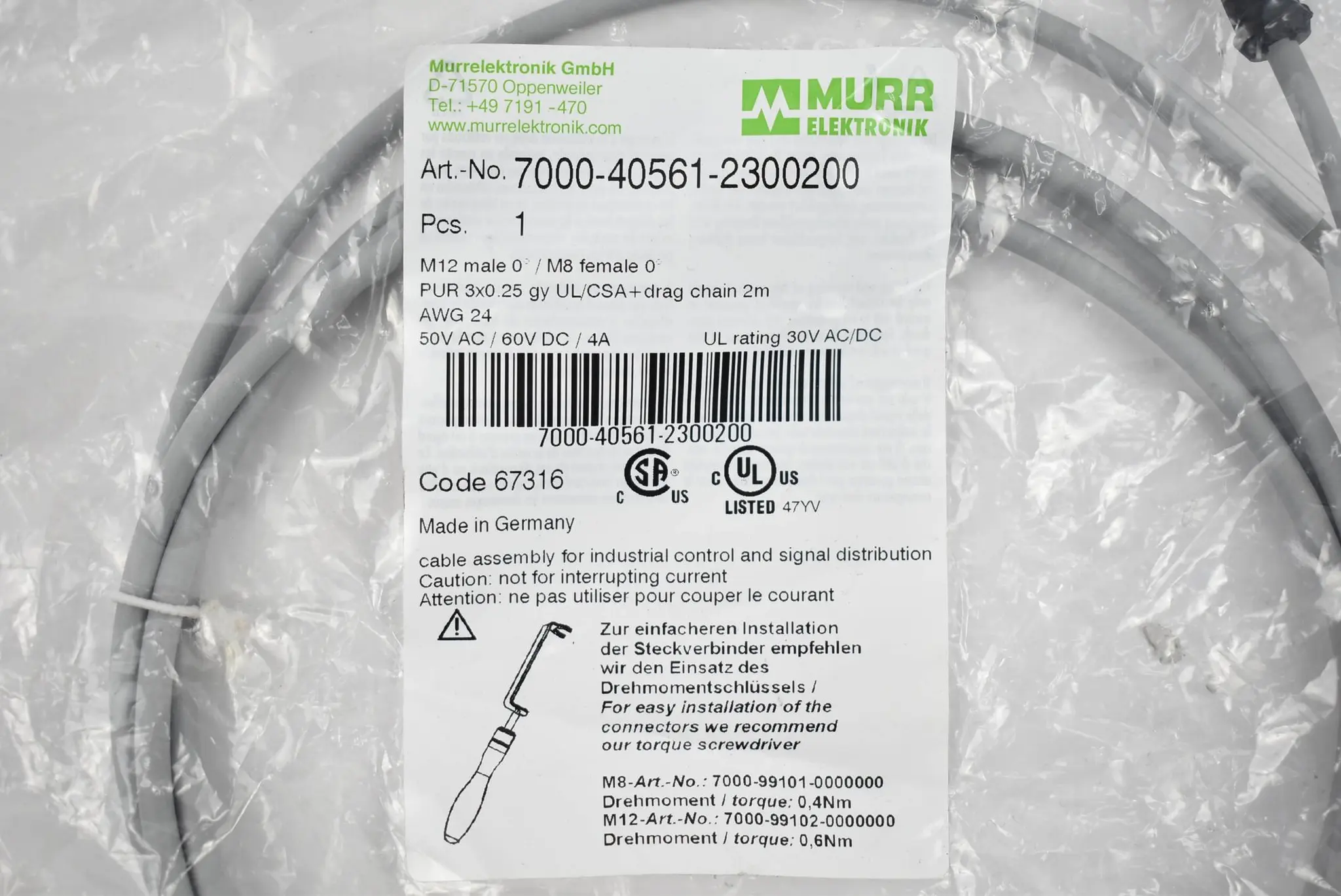 Produktfoto 1 von Murr Elektronik Verbindungskabel 7000-40561-2300200 ( 67316 ) 2m