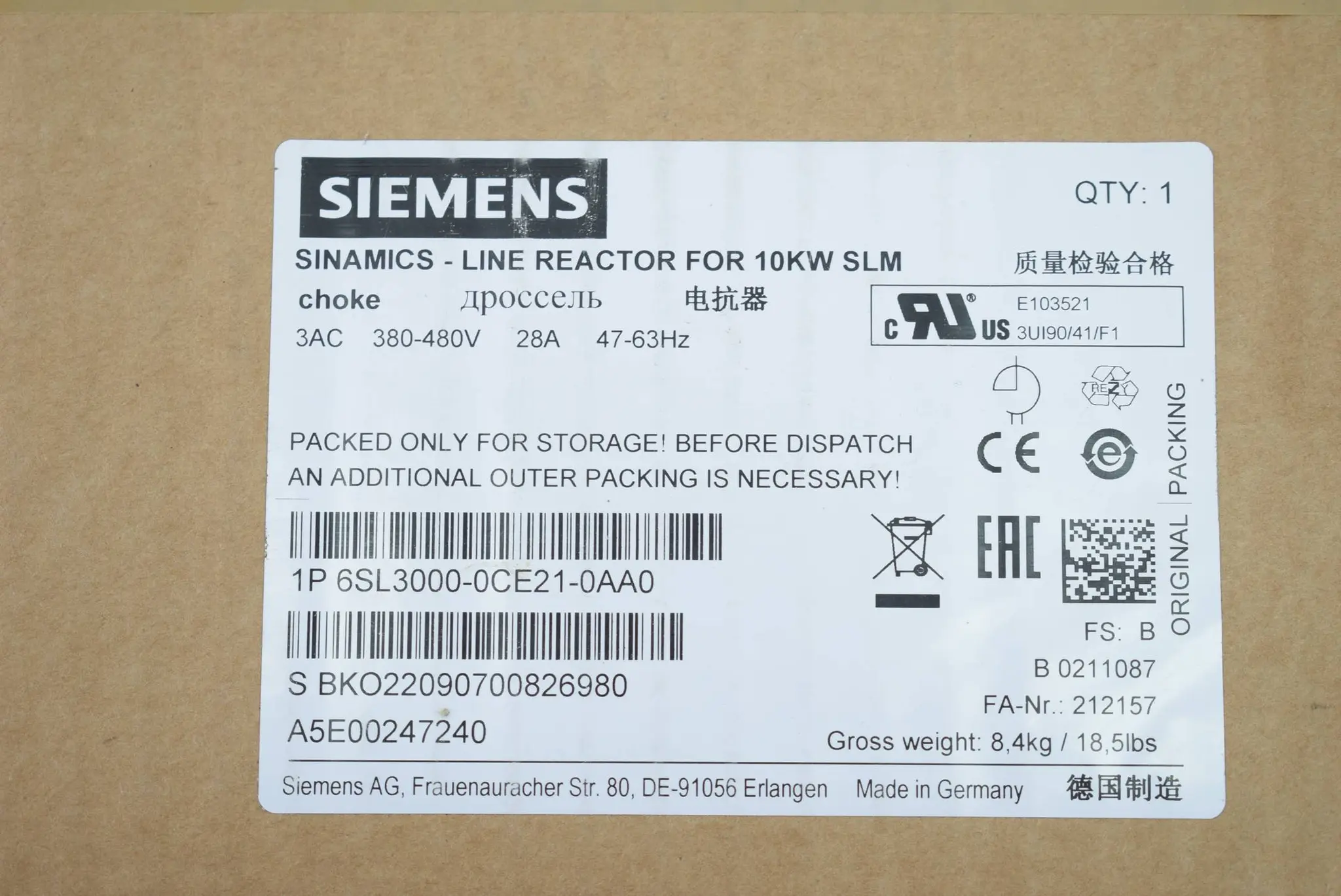 Produktfoto 1 von Siemens Sinamics Netzdrossel 6SL3000-0CE21-0AA0 ( 6SL3000-0CE21-0AA0 ) E. B