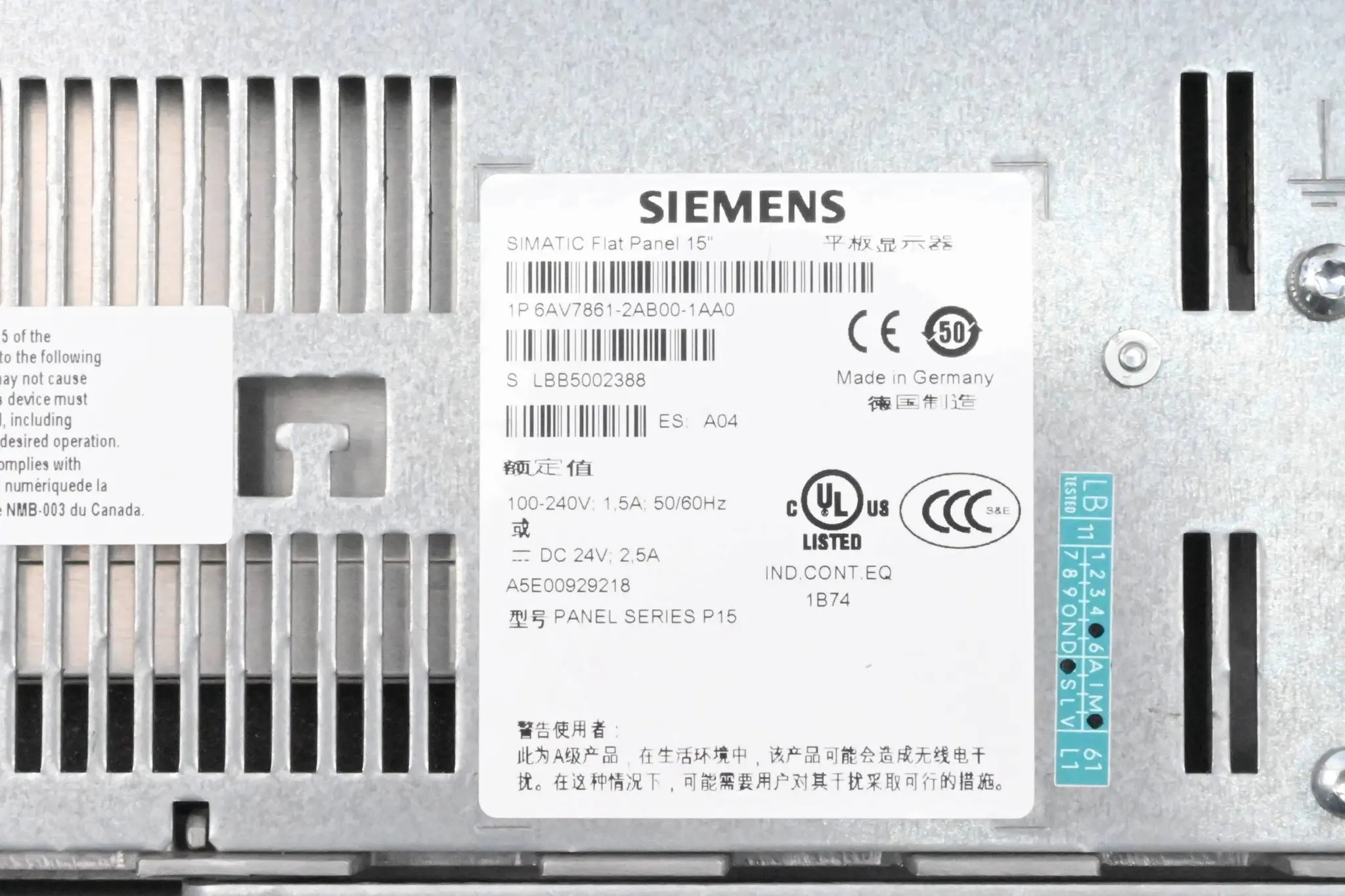 Produktfoto 1 von Siemens Simatic 15" Panel 6AV7861-2AB00-1AA0 ( 6AV7 861-2AB00-1AA0 ) E.A04
