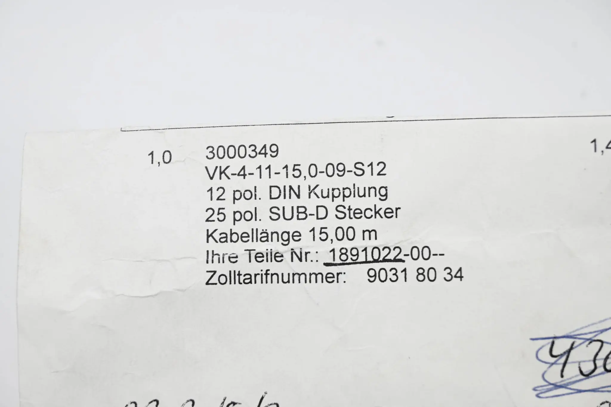 Produktfoto 1 von AMO Kabel VK-4-11-15,0-09-S12 inkl. 12 pol. DIN Kupplung + 25pol. SUB-D Stecker
