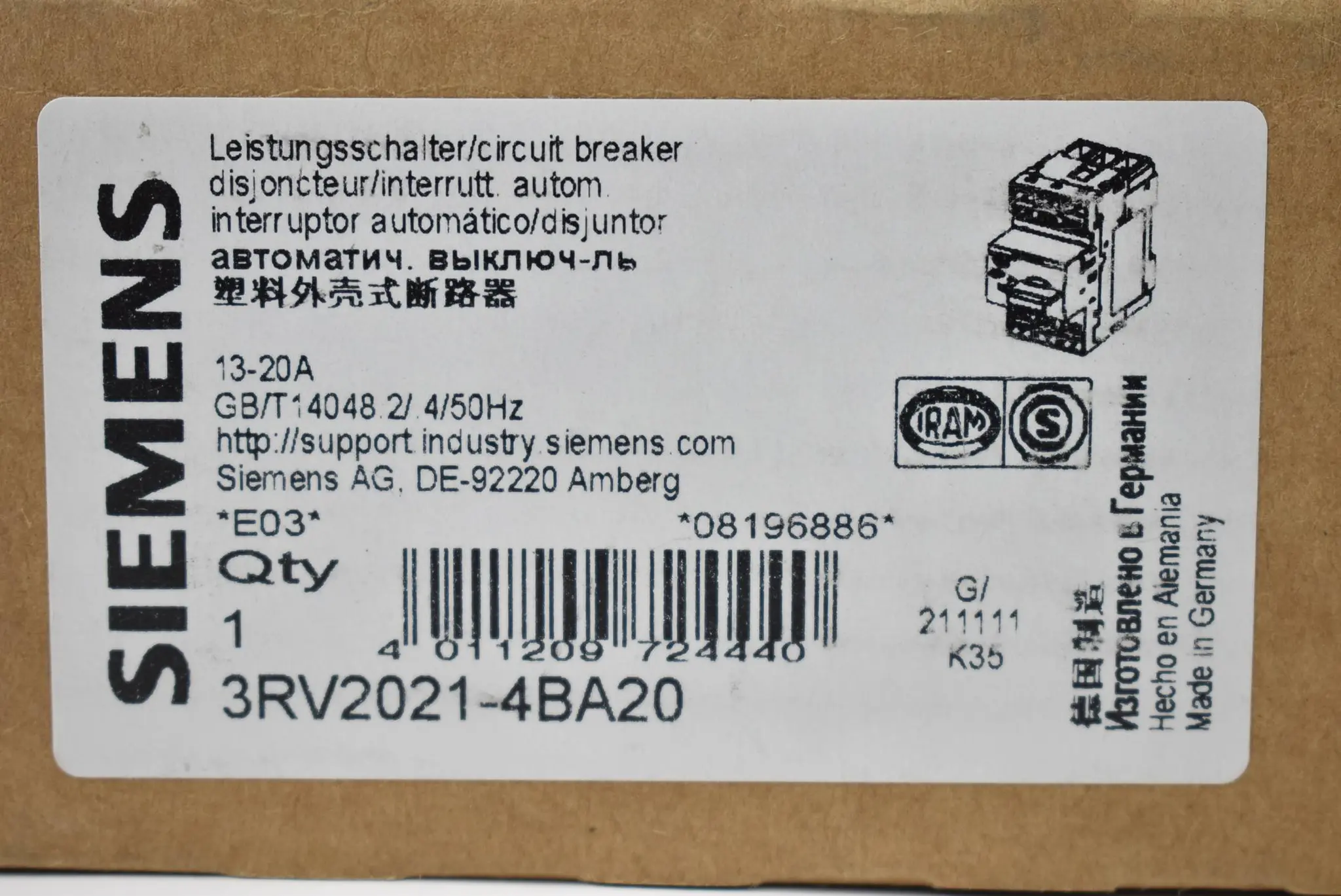 Produktfoto 1 von Siemens sirius Leistungsschalter 3RV2 021-4BA20 ( 3RV2021-4BA20 )