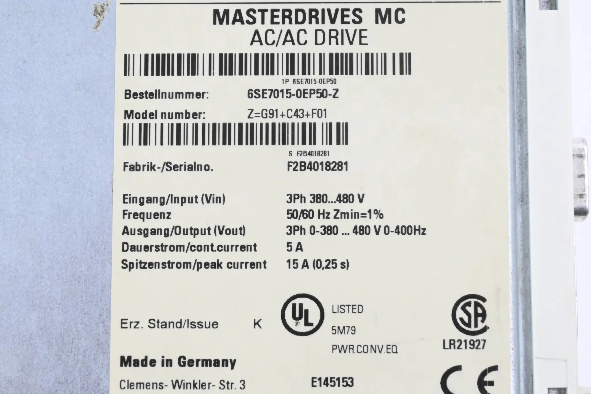 Produktfoto 1 von Siemens Simovert Masterdrives AC/AC Drive 6SE7015-0EP50-Z ( G91 + C43+F01) E. K