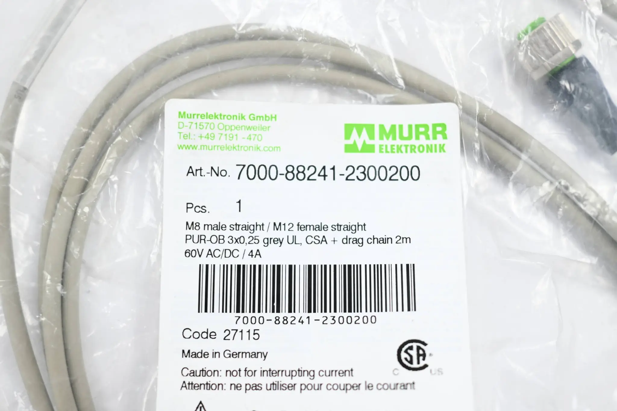 Produktfoto 1 von Murr M8 St. 0°  PUR 3x0.25 gr UL/CSA+schleppk. 2m ( 7000-88241-2300200 )