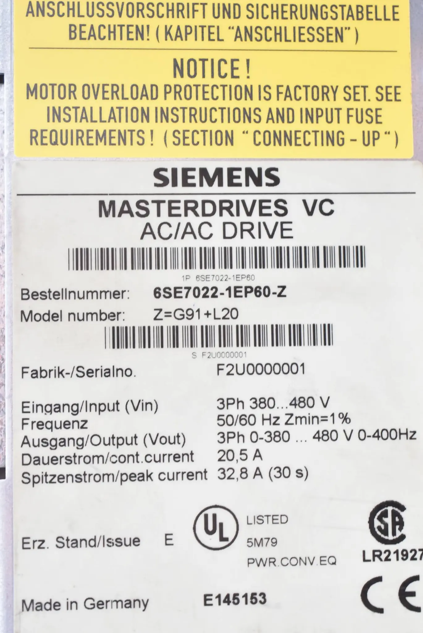Produktfoto 1 von Siemens Masterdrives VC 380-480V 32,8A 6SE7022-1EP60-Z ( 6ES7 022-1EP60-Z ) E.E