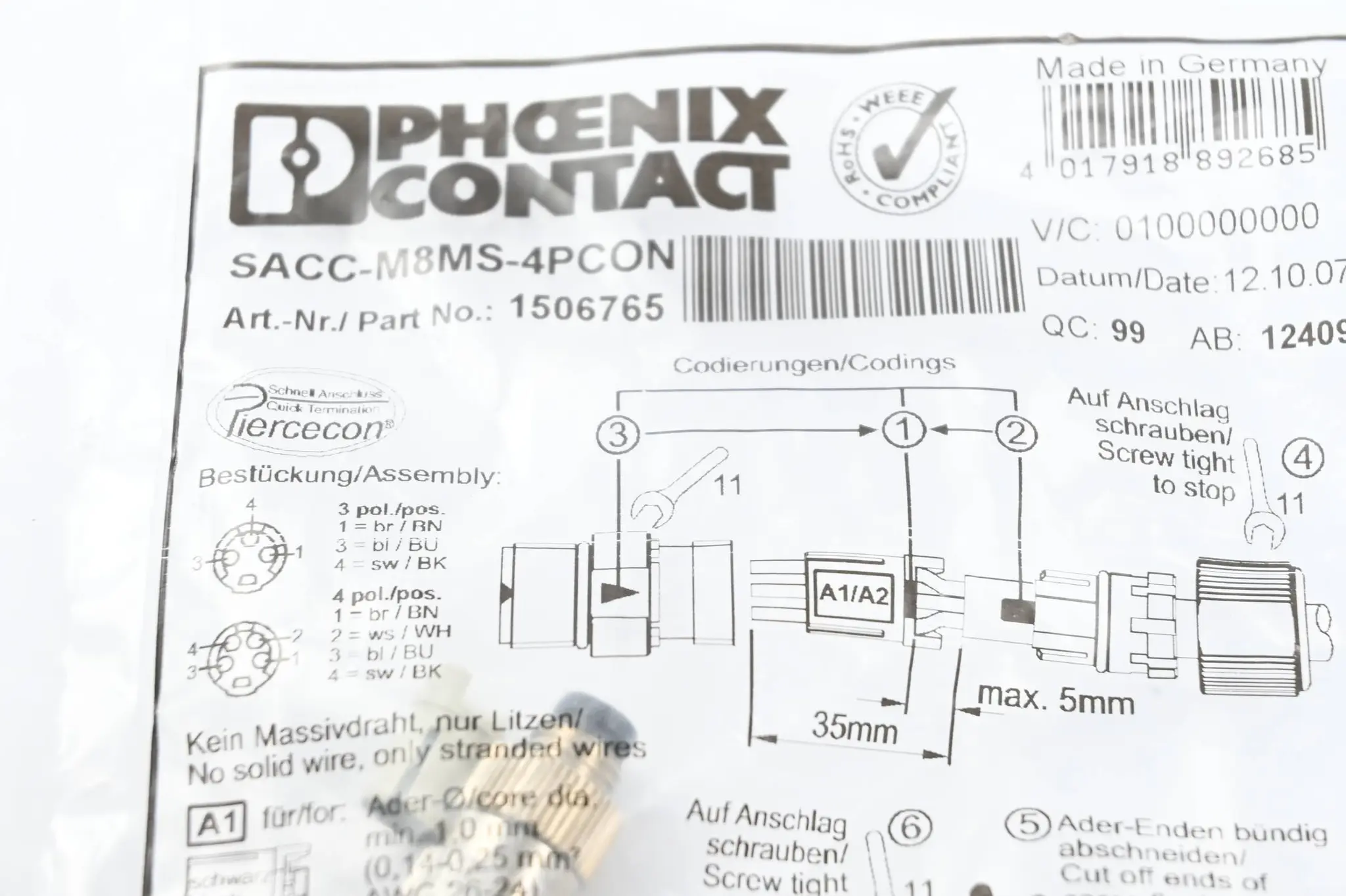 Produktfoto 1 von Phoenix Contact Steckverbinder SACC-M8MS-4PCON ( 1506765 )