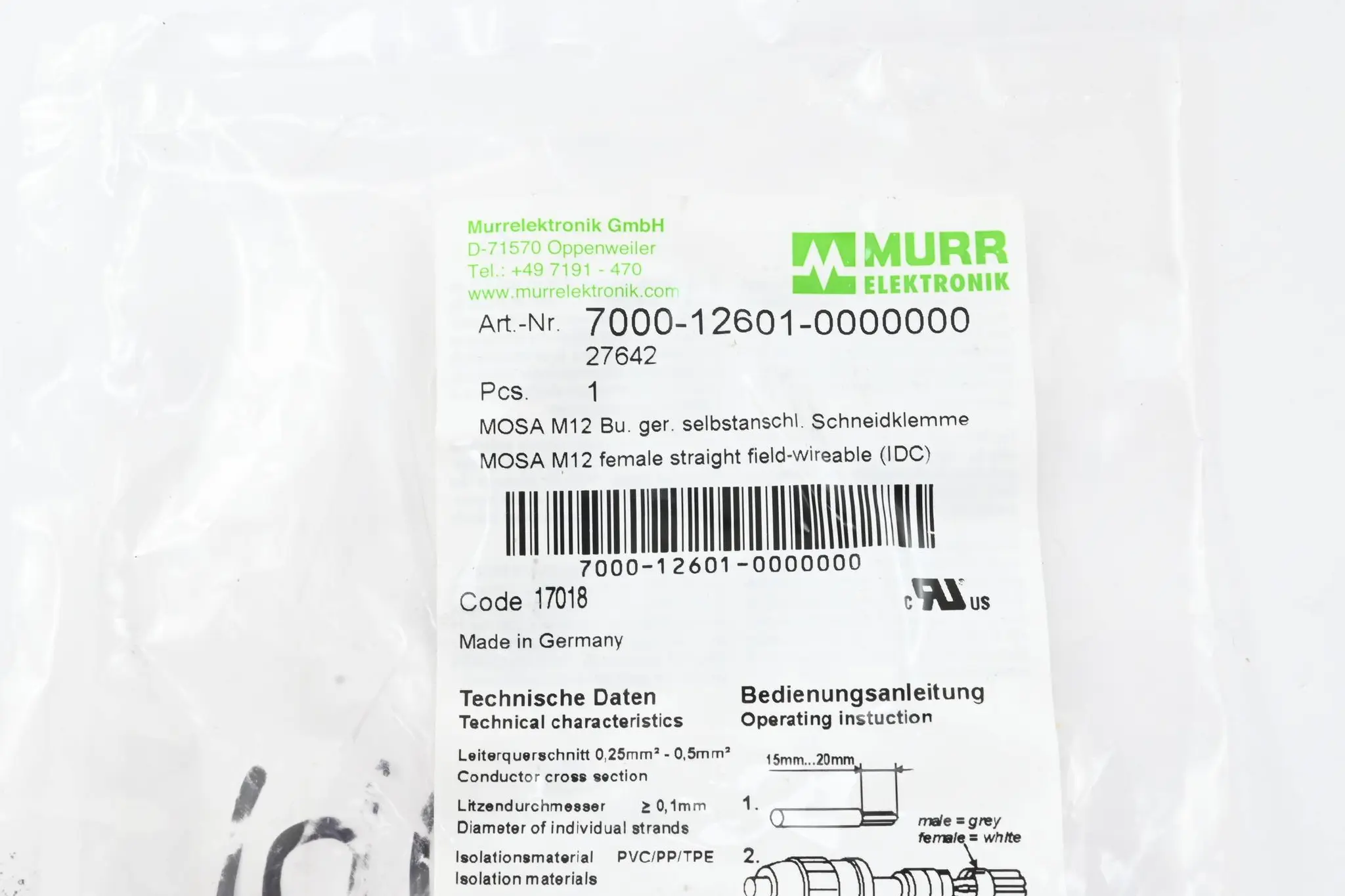 Produktfoto 1 von Murr Elektronik M12 Bu. 0° A-kod. Schneidklemmanschluss 7000-12601-0000000