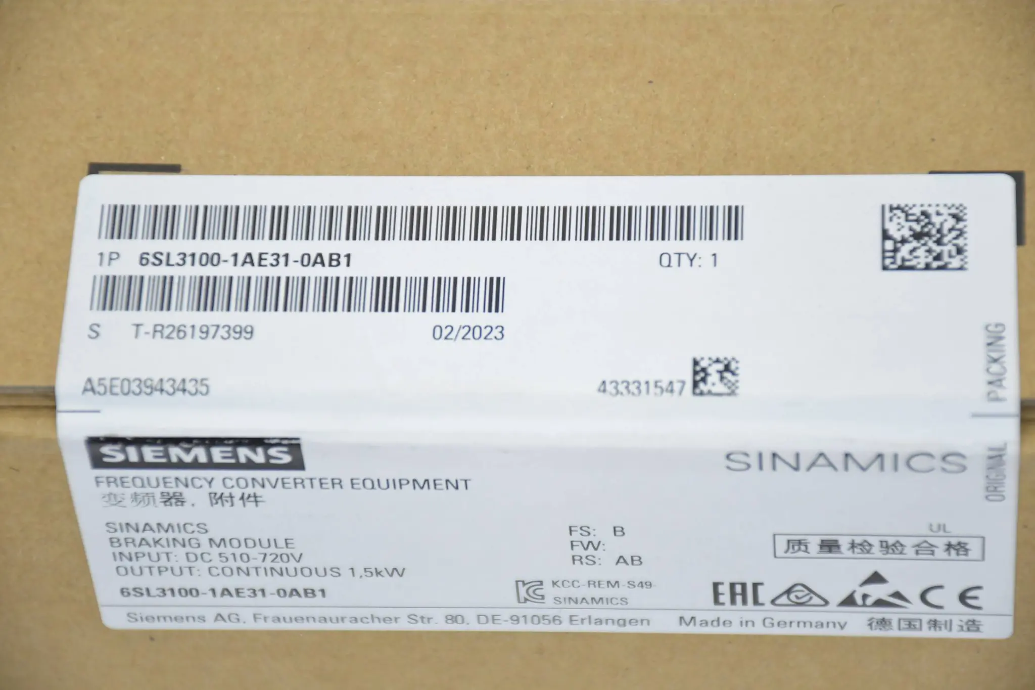 Produktfoto 1 von Siemens Sinamics braking modul 6SL3100-1AE31-0AB1 ( 6SL3 100-1AE31-0AB1 ) E.B