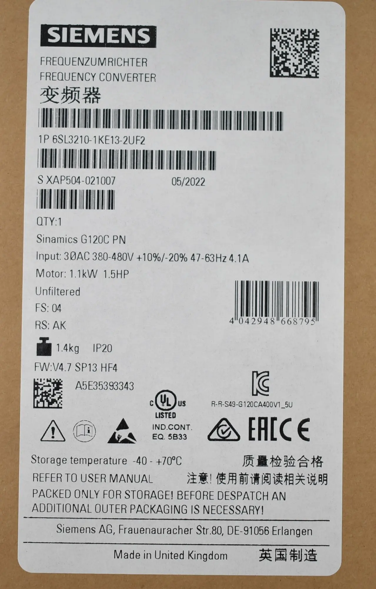 Produktfoto 1 von Siemens sinamics G120C 6SL3 210-1KE13-2UF2 ( 6SL3210-1KE13-2UF2 ) E.04