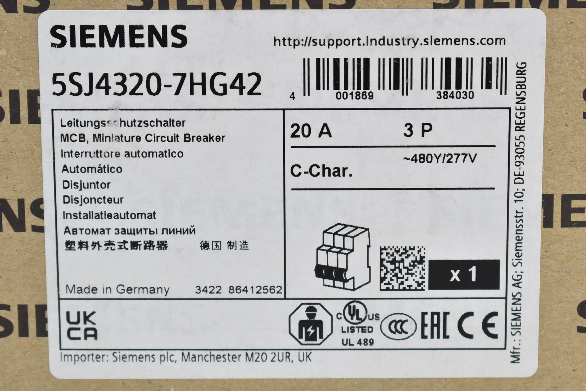 Produktfoto 1 von Siemens Leitungsschutzschalter 10kA 3-polig 20A 5SJ4 320-7HG42 ( 5SJ4320-7HG42 )