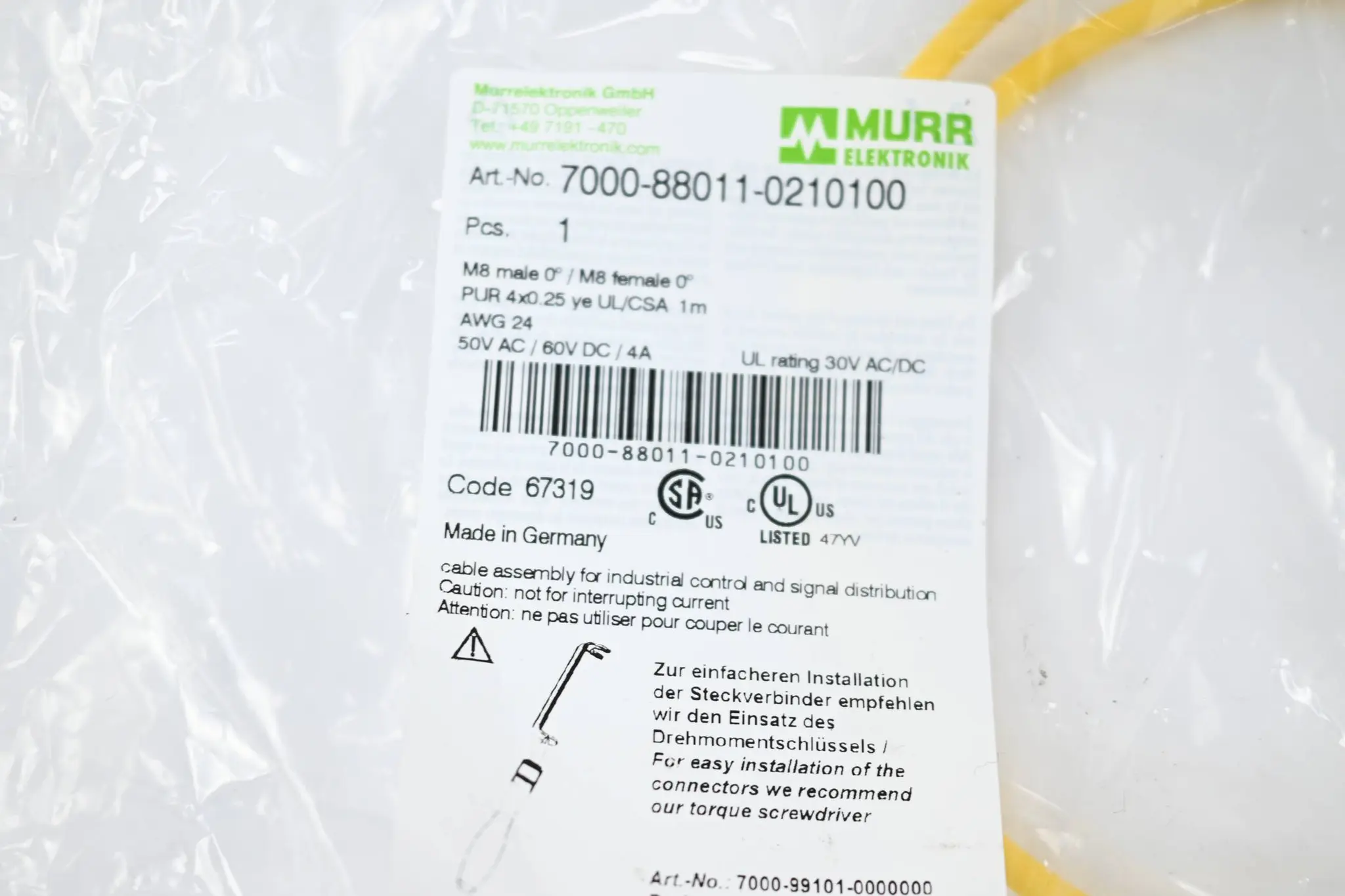 Produktfoto 1 von Murr M8 St. 0° / M8 Bu. 0° A-kod. PUR 4x0.25 ge UL/CSA 1m ( 7000-88011-0210100 )