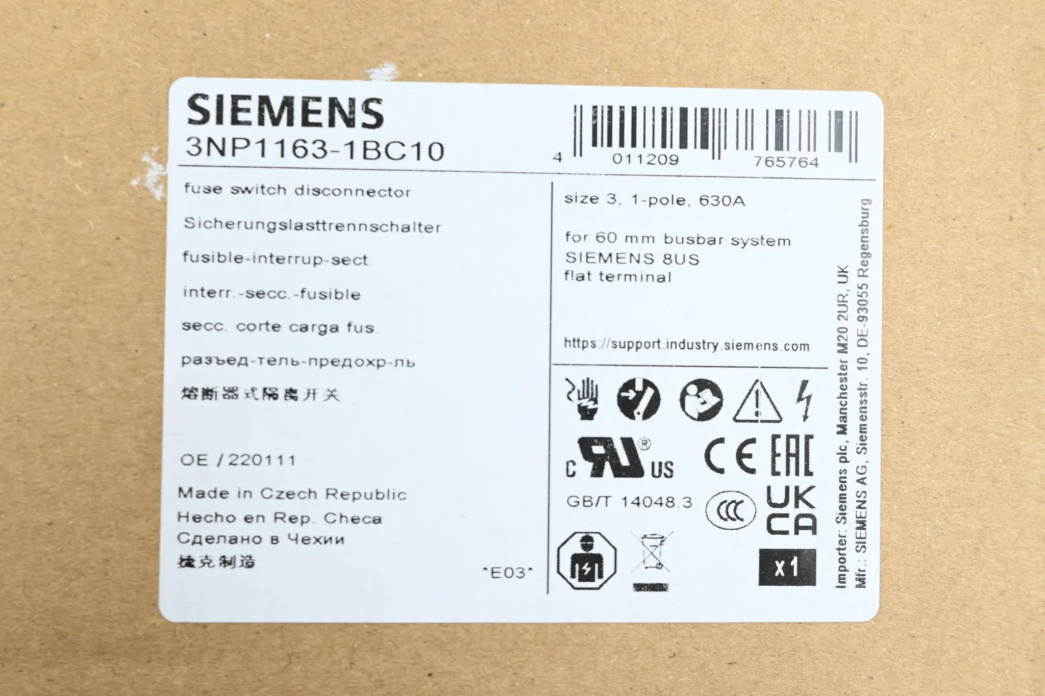 Produktfoto 1 von Siemens Sentron Sicherungslasttrennschalter 3NP1163-1BC10 ( 3NP1 163-1BC10 )