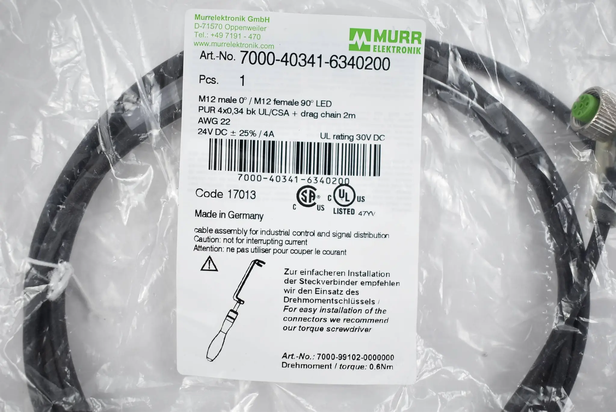 Produktfoto 1 von Murr Elektronik Verbindungskabel 7000-40341-6340200 ( M12 PUR 4x0,34 ) 2m