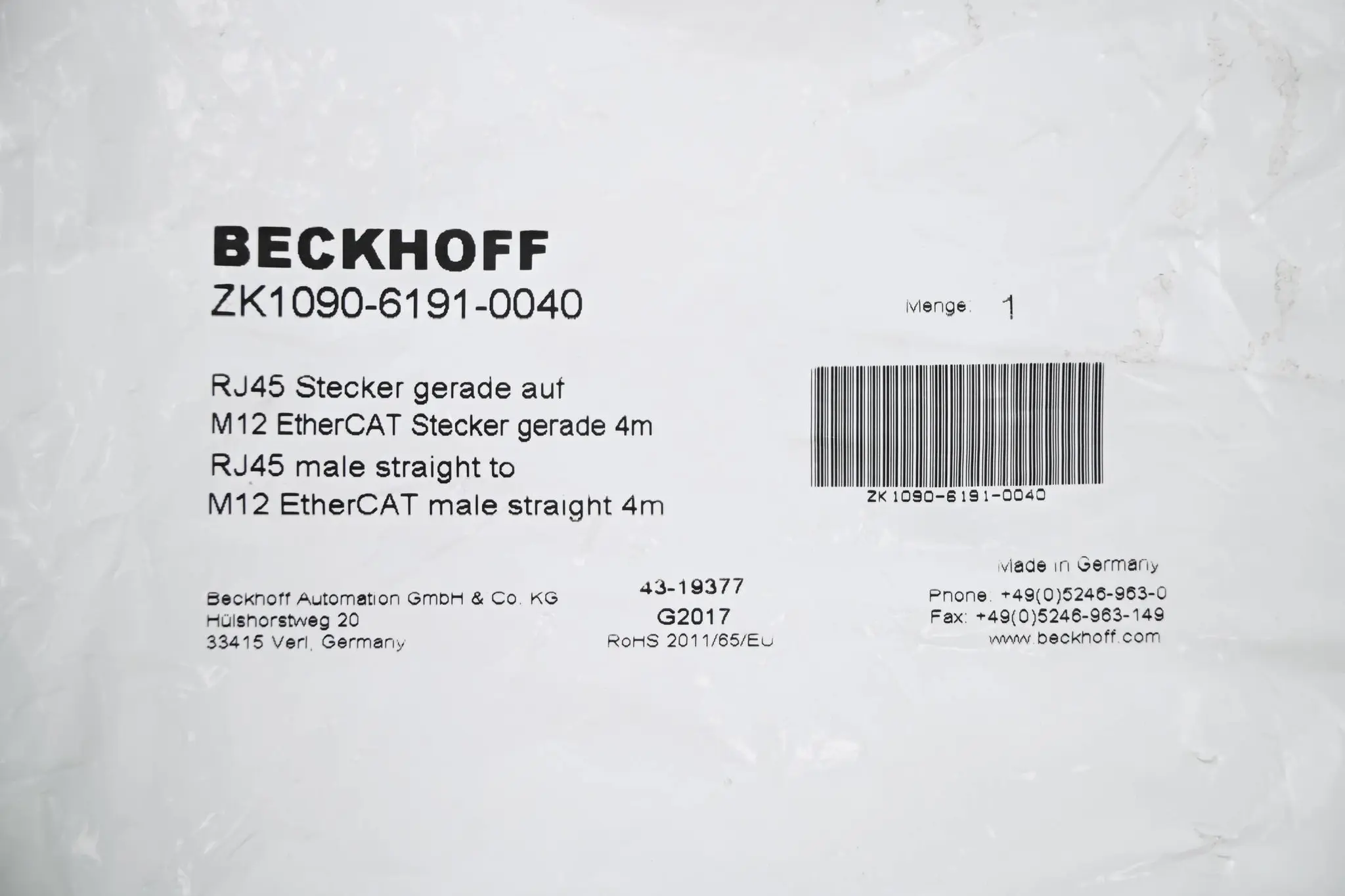 Produktfoto 1 von Beckhoff EtherCAT-/Ethernet-Leitung ZK1090-6191-0040 ( 4,0m )