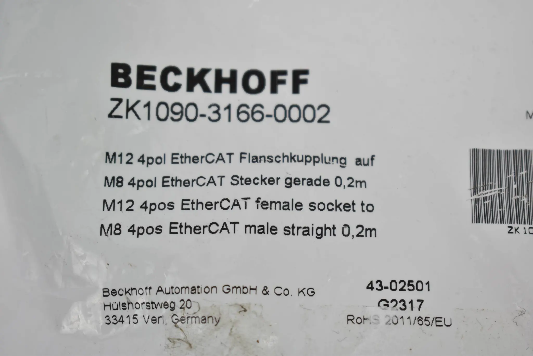 Produktfoto 1 von Beckhoff EtherCAT-Leitung M12 4pol Flanschkupplung gerade ZK1090-3166-0002