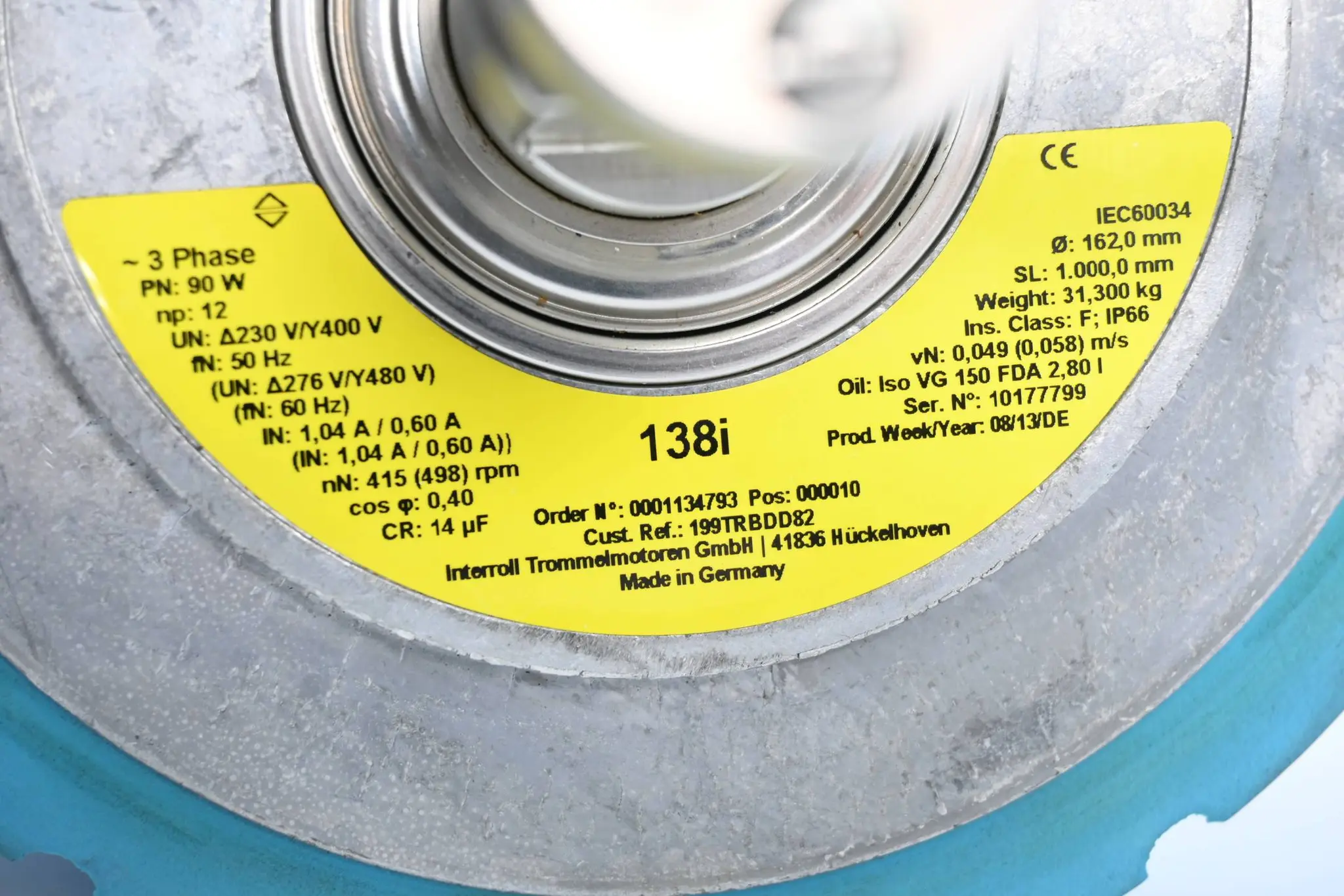 Produktfoto 1 von Interroll Trommelmotor 138i ( 0001134793 ) 90W 162mm x 1000m