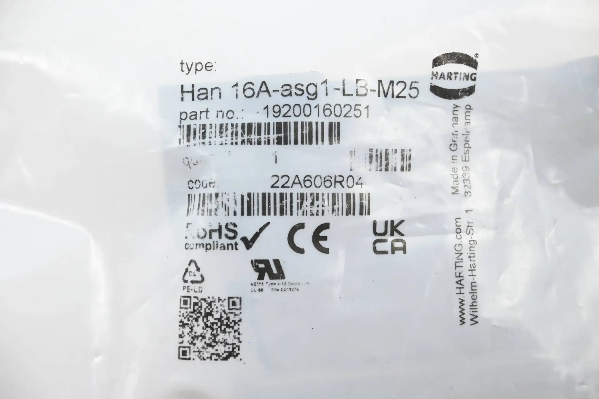 Produktfoto 1 von Harting Sockelgehäuse Han 16A-asg1-LB-M25 ( 19200160251 )