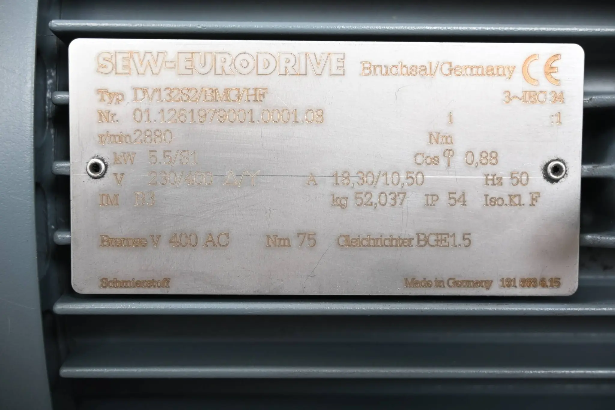 Produktfoto 1 von SEW-Eurodrive 3~ Motor DV132S2/BMG/HF ( 50Hz 18,3/10,5A 2880/min )