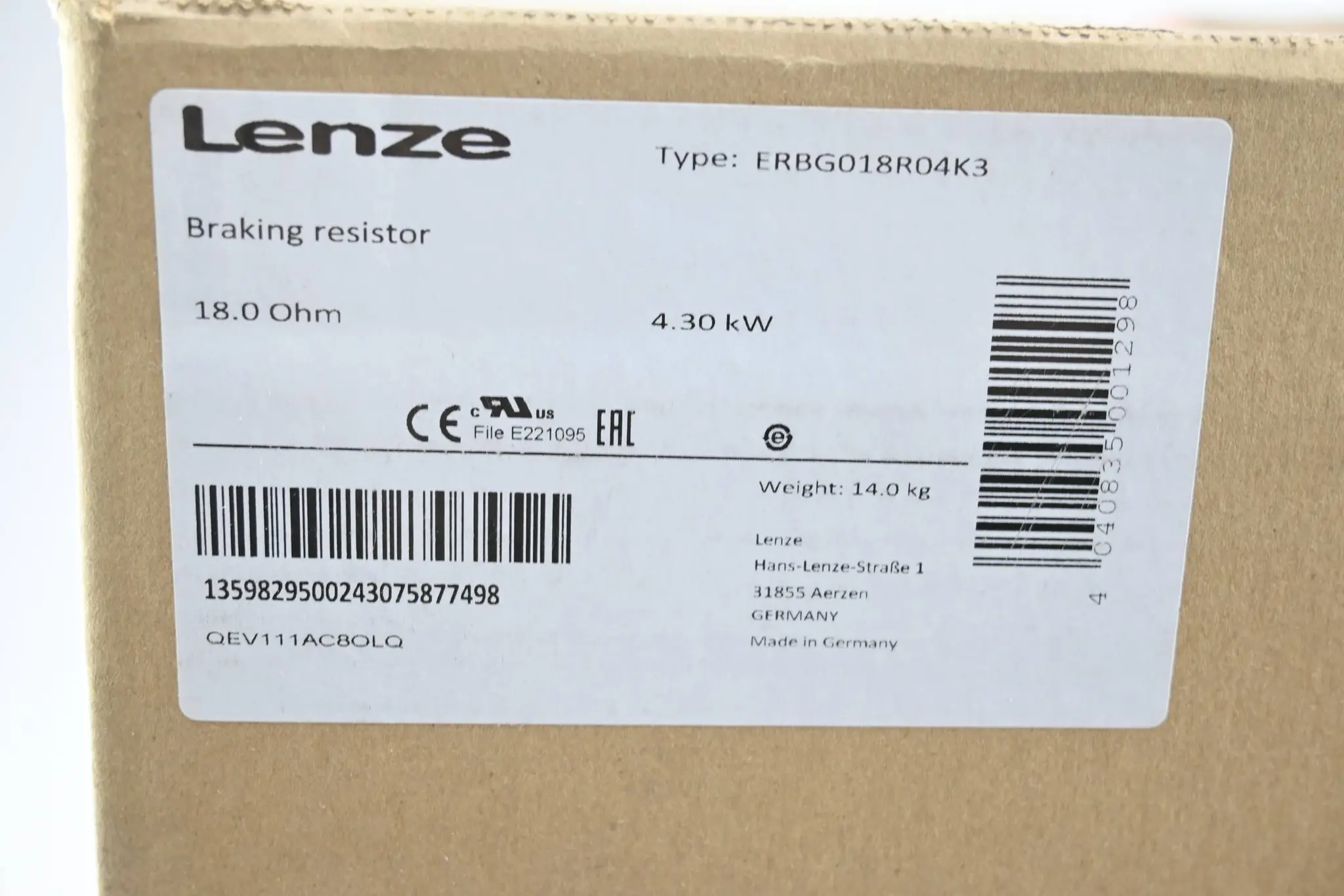 Produktfoto 1 von Lenze Bremswiderstand ERBG018R04K3 ( 18.0 Ohm 4.30 kW )