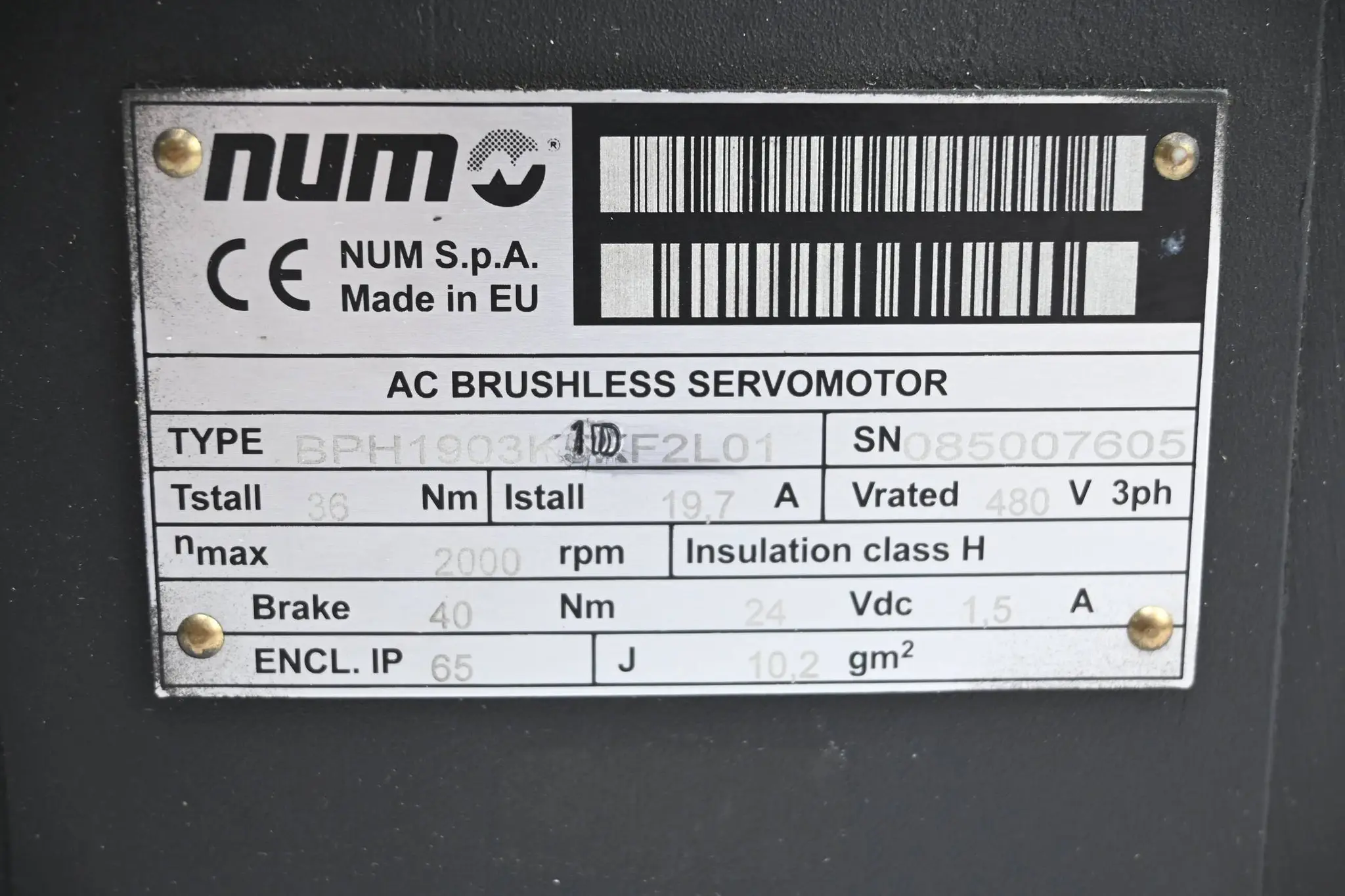 Produktfoto 1 von NUM AC Servomotor BPH1903K1DF2L01 ( 480V 19,7A 2000/min )