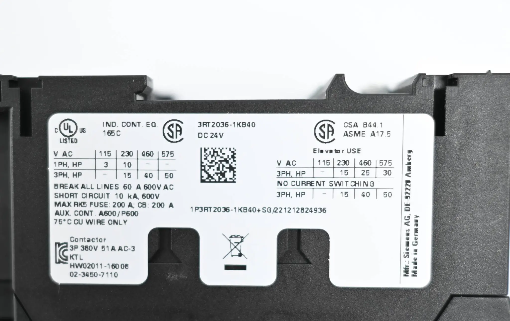 Produktfoto 1 von Siemens Sirius Leistungsschütz 3RT2036-1KB40 ( 3RT2 036-1KB40 )