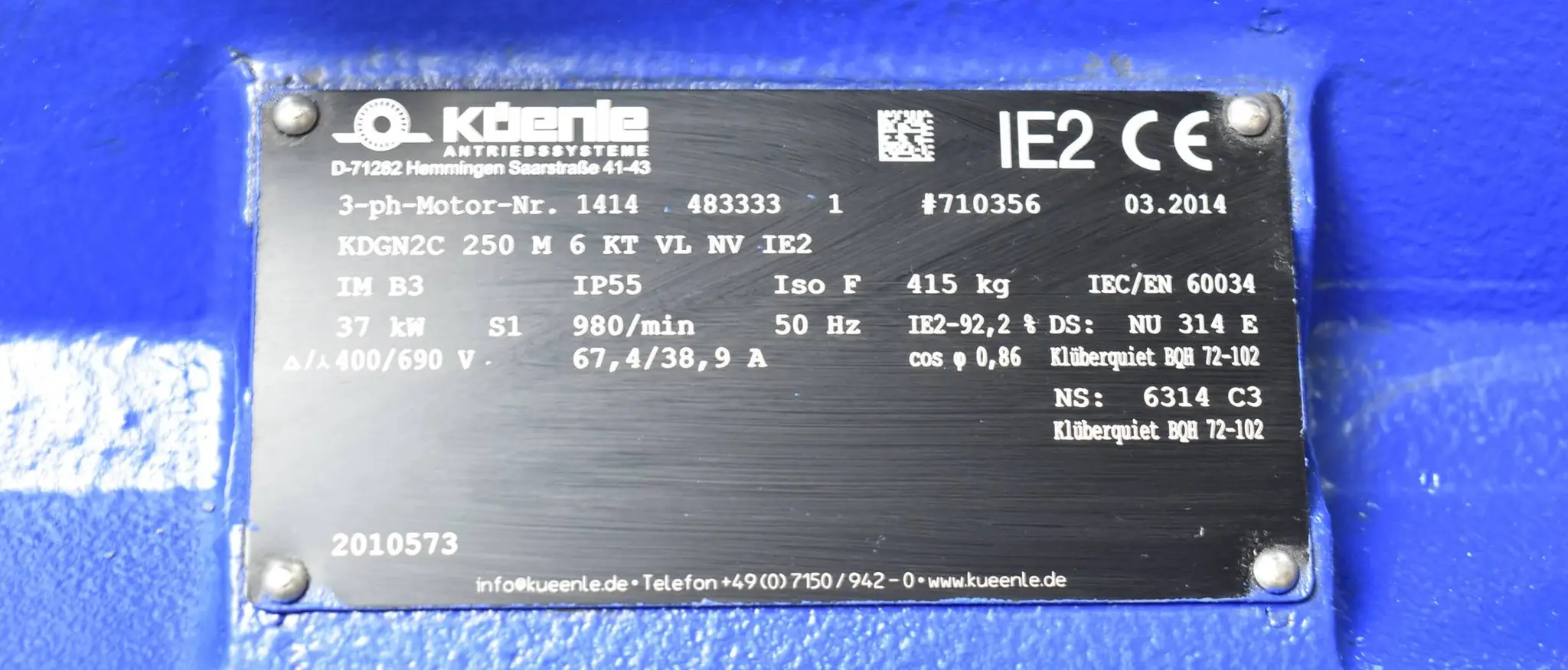 Produktfoto 1 von Küenle  KDGN2C 250 M 6 KT VL NV IE2 ( 37kW 980rpm 400/690V 67,4/38,9A 50Hz )