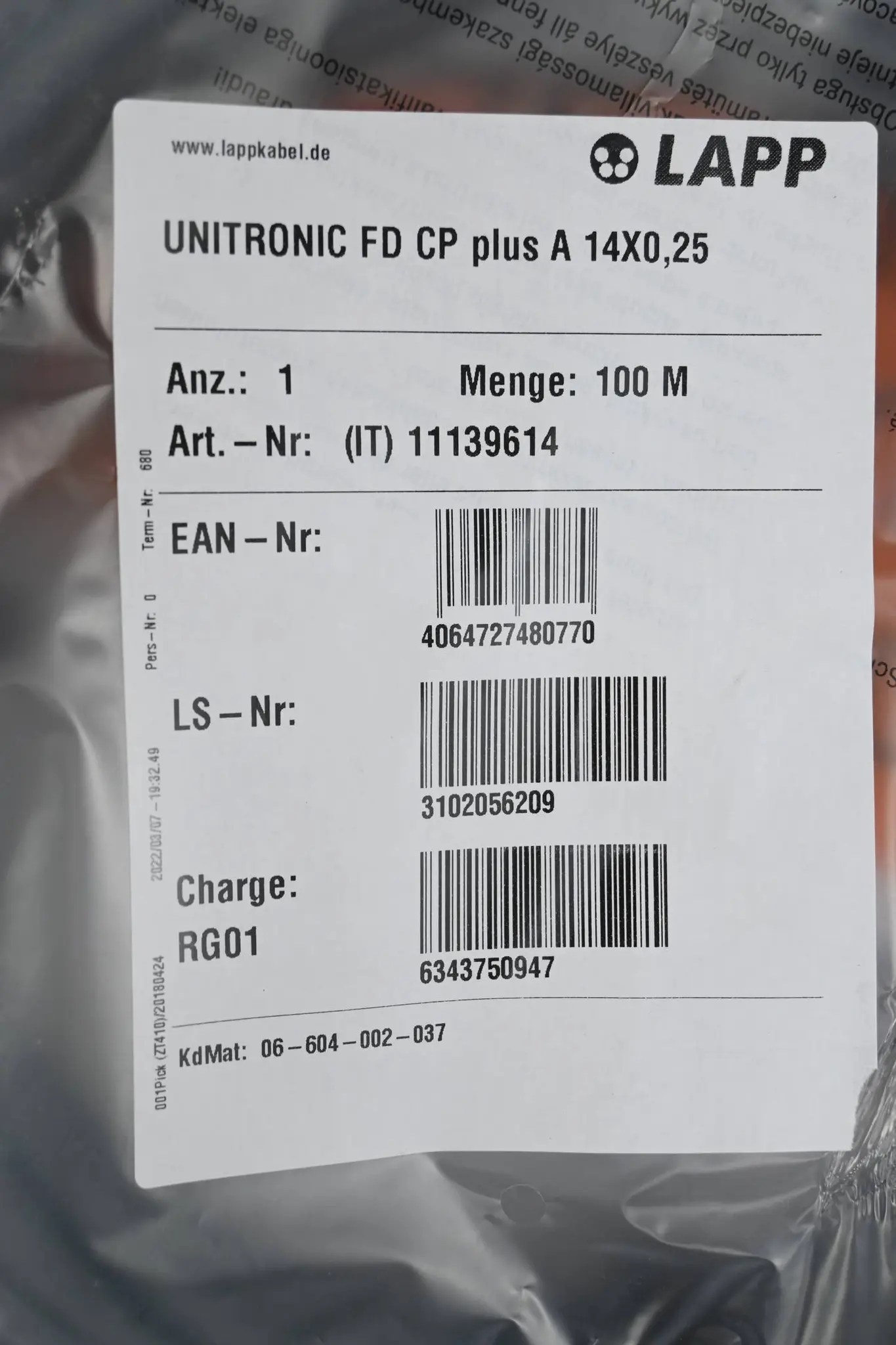 Produktfoto 1 von Lapp Kabel Signalleitung UNITRONIC FD CP plus A 14X0,25 ( 11139614 ) 100,0m