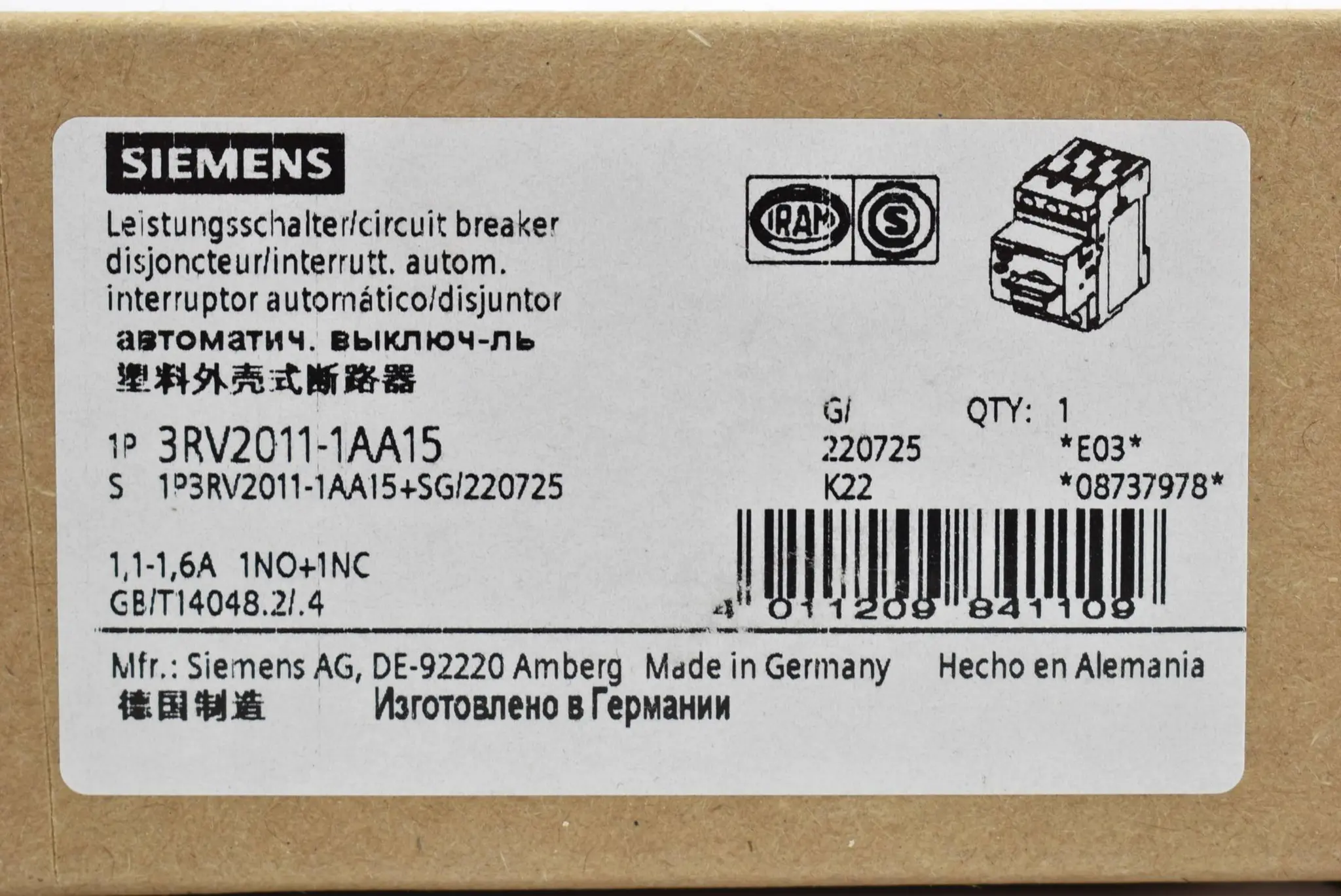 Produktfoto 1 von Siemens sirius Leistungsschalter 3RV2 011-1AA15 ( 3RV2011-1AA15 )