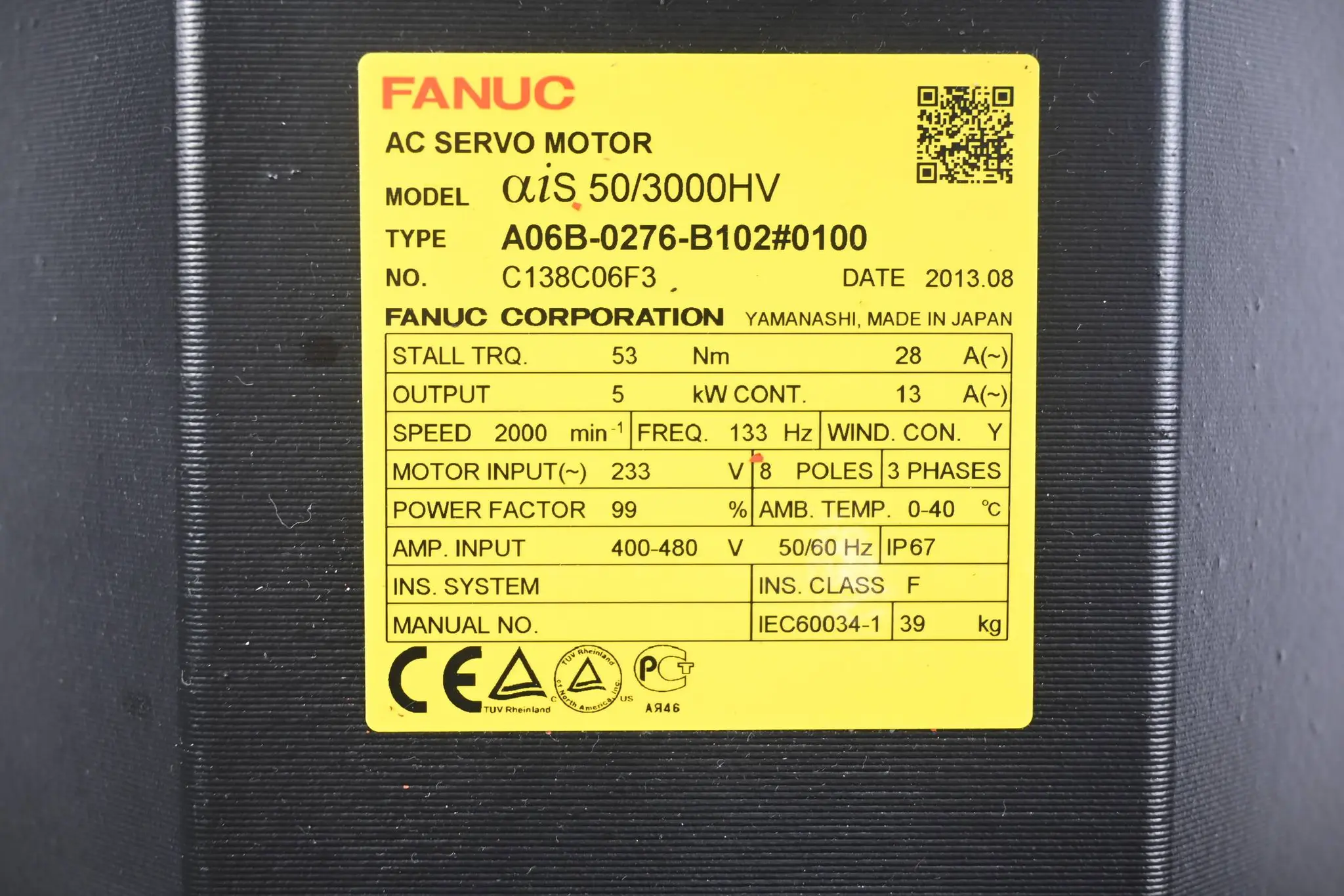 Produktfoto 1 von Fanuc AC Servo Motor αiS 50/3000HV A06B-0276-B102#0100 inkl. A860-2001-T321
