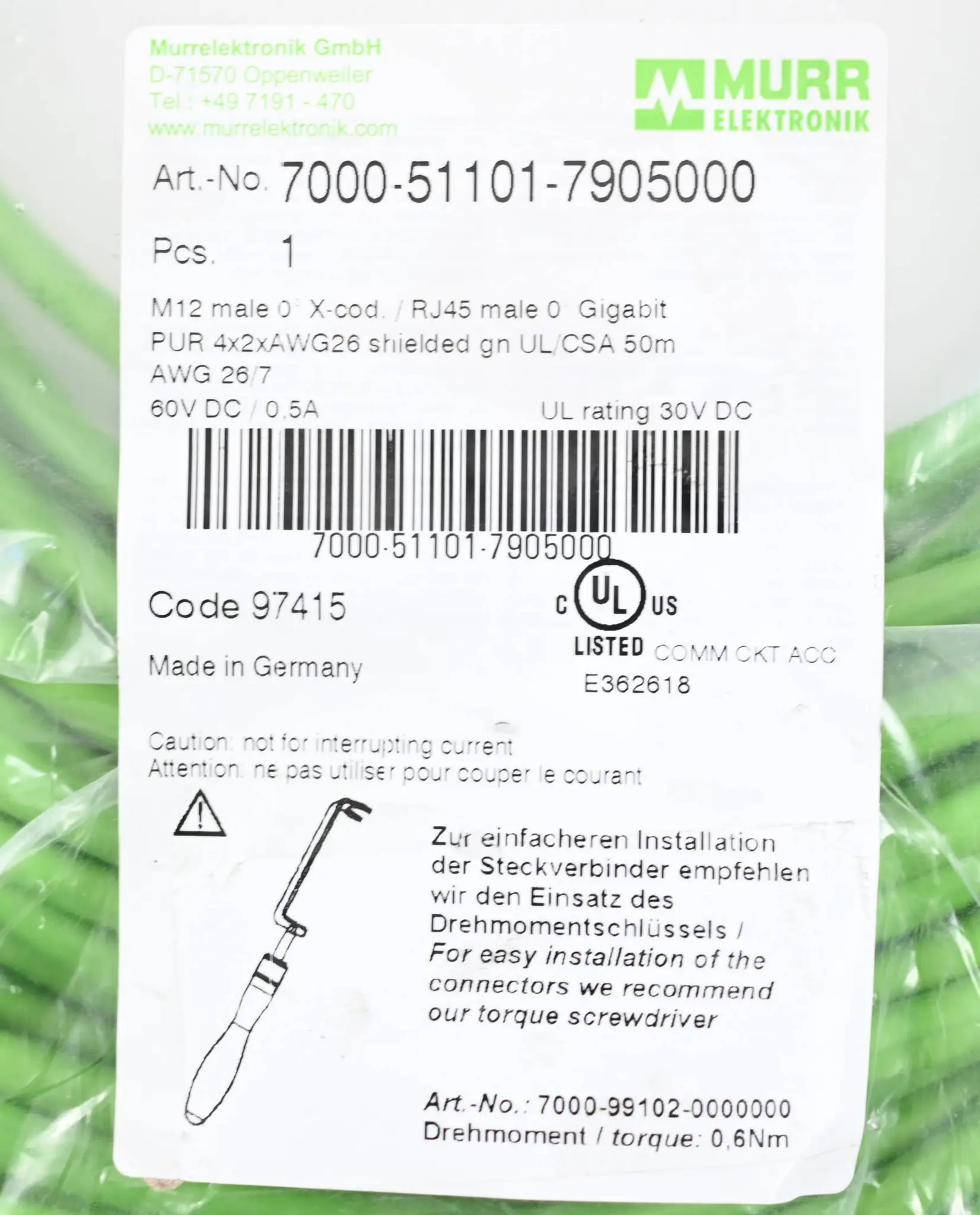 Produktfoto 1 von Murr PUR 4x2xAWG26 geschirmt gn UL/CSA 50m ( 7000-51101-7905000 )