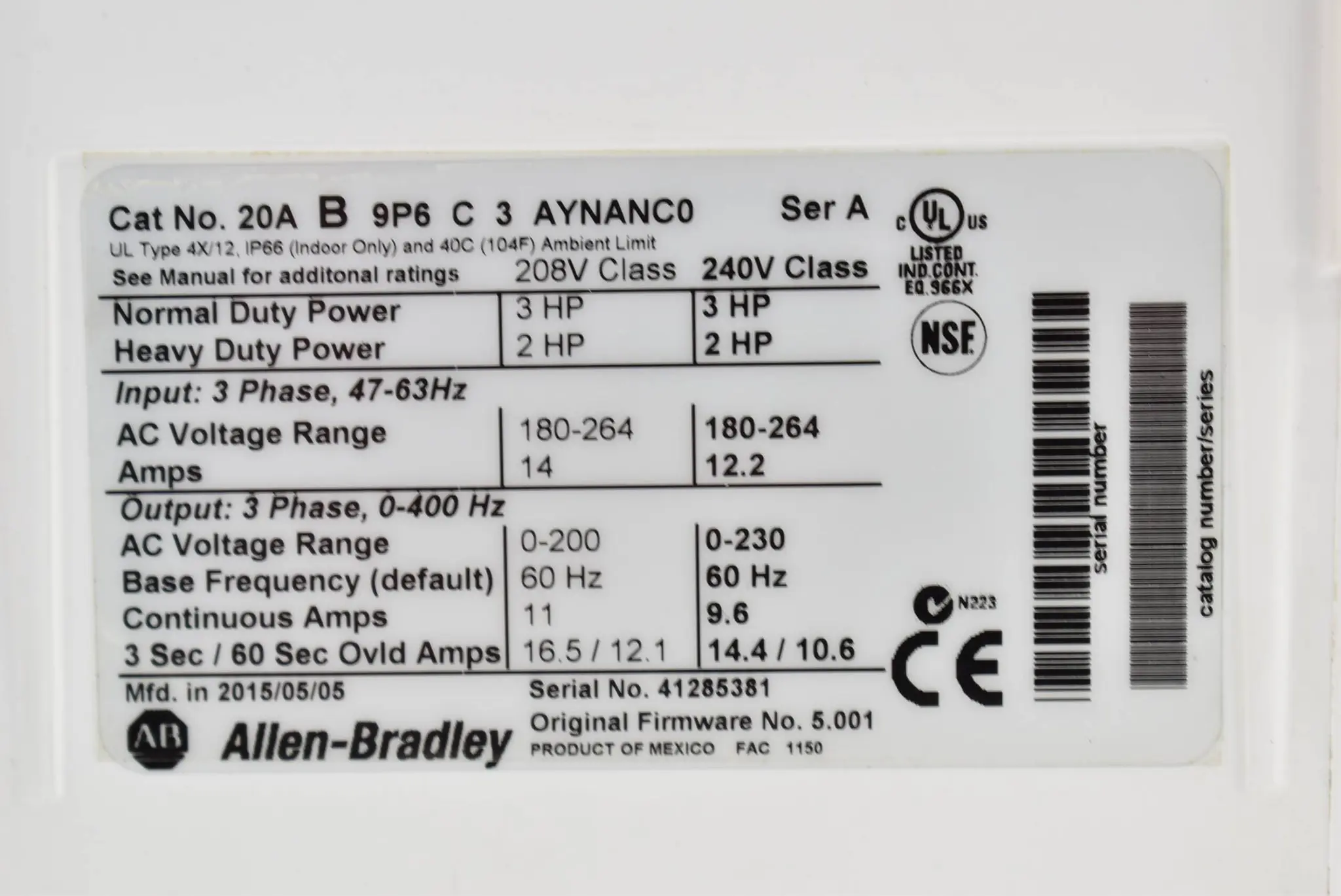Allen-Bradley PowerFlex70 Frequenzumrichter 240V 20A B 9P6 C 3 AYNANC0 Ser. A