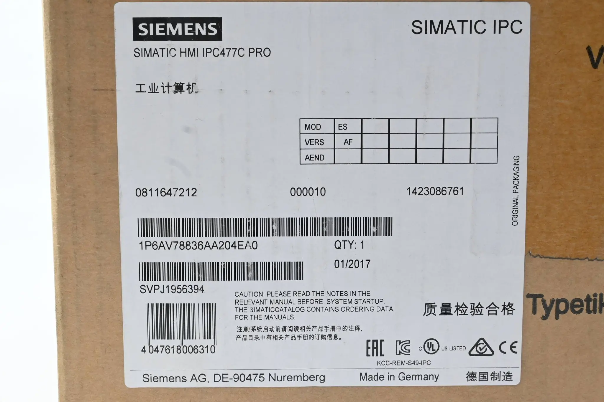 Produktfoto 1 von Siemens Simatic HMI IPC 477C 6AV7883-6AA20-4EA0 ( 6AV7 883-6AA20-4EA0 ) Ver. AF