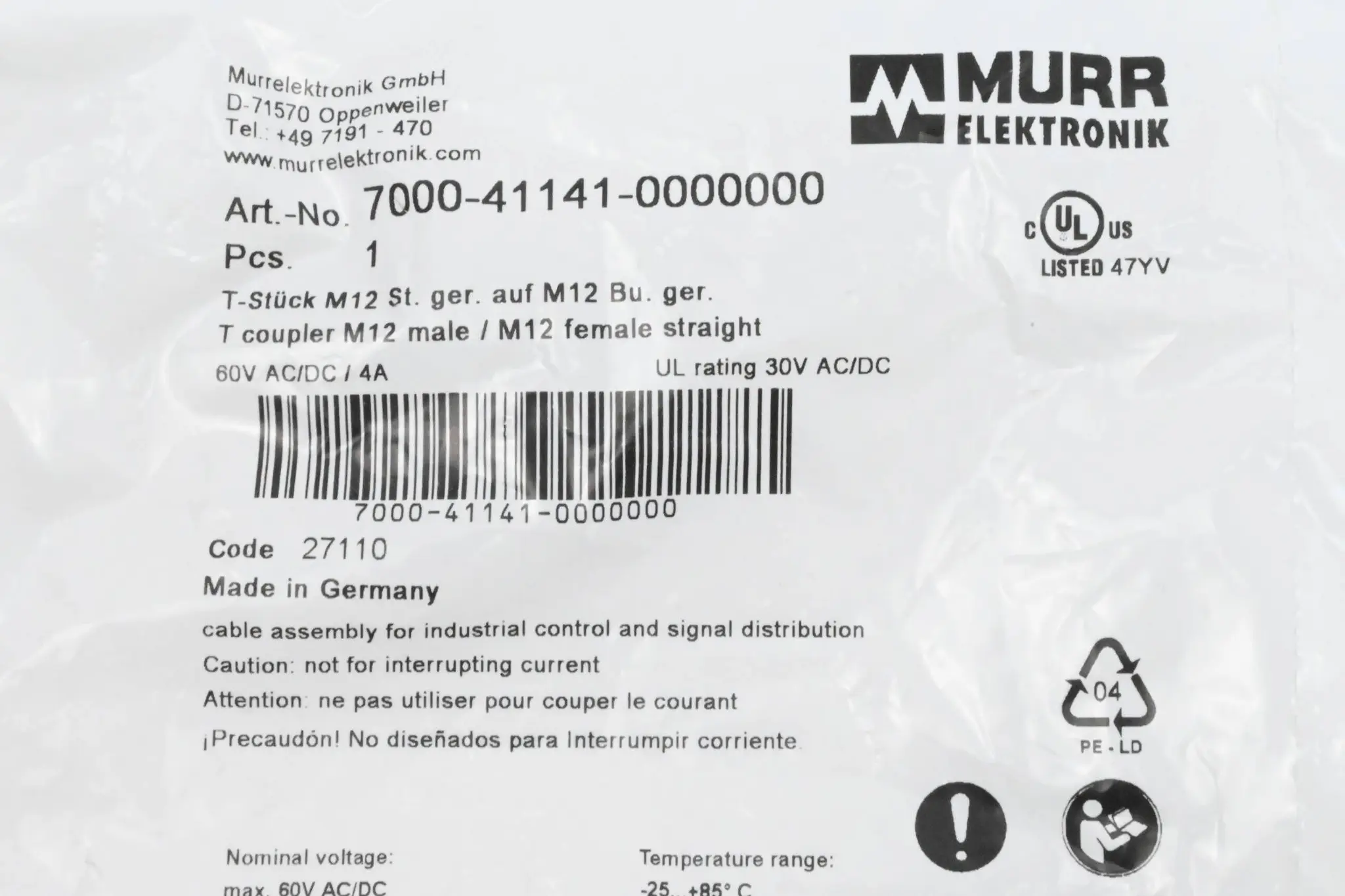 Produktfoto 1 von Murr Elektronik T-Stück 7000-41141-0000000