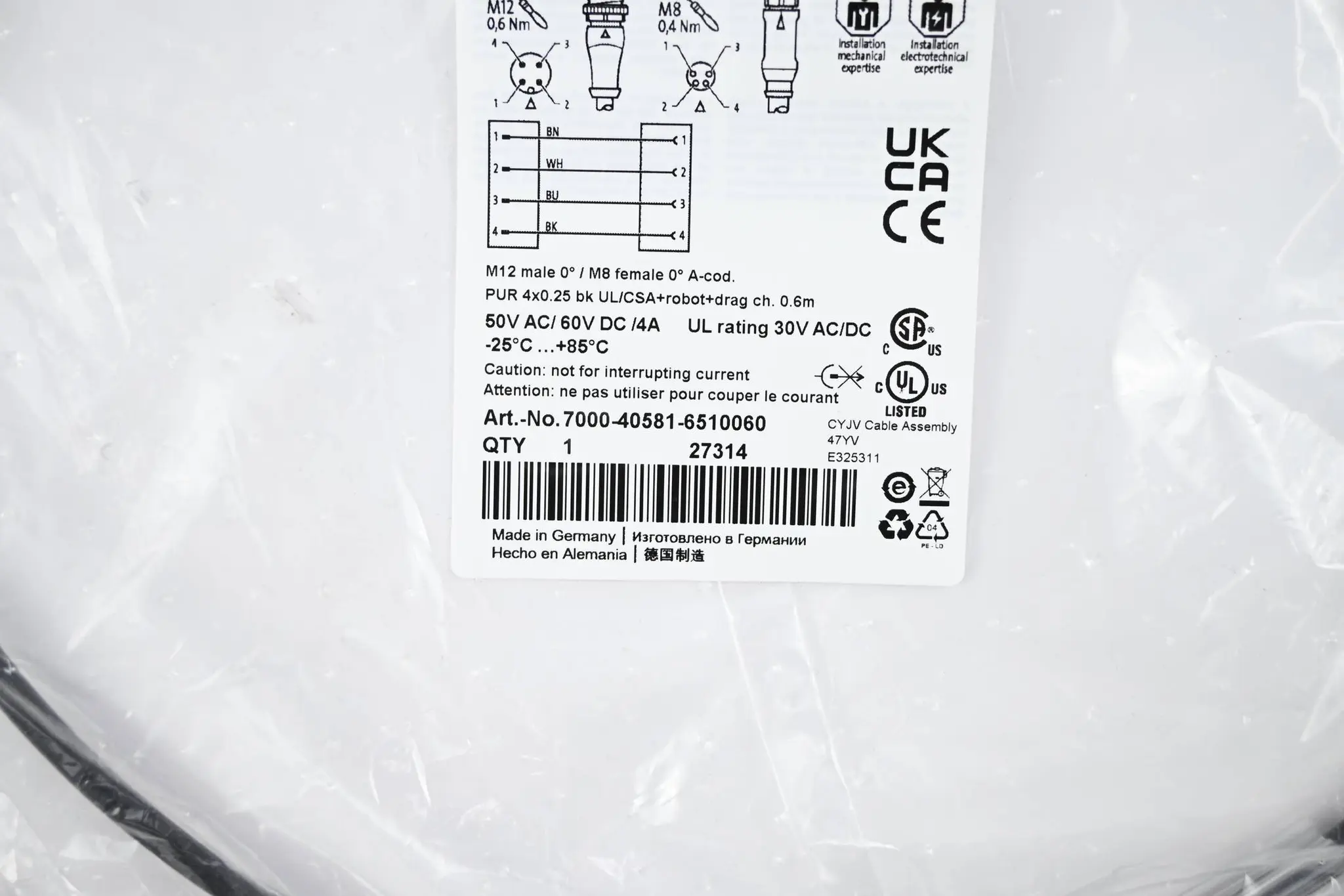 Produktfoto 1 von Murr Elektronik M12-Anschlussleitung ( 7000-40581-6510060 ) 0,6m