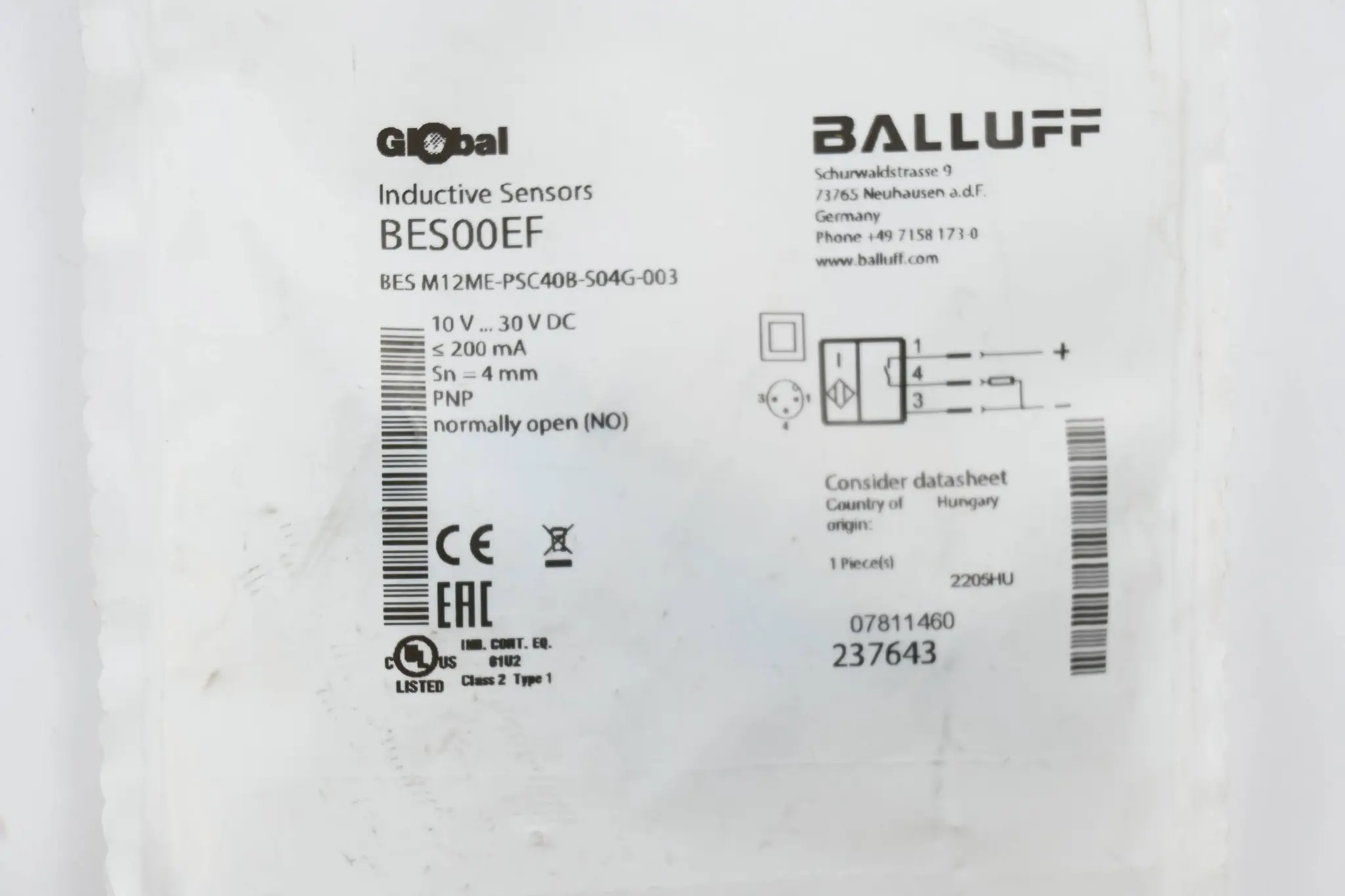Produktfoto 1 von Balluff Induktiver Näherungsschalter BES M12ME-PSC40B-S04G-003 ( BES00EF )